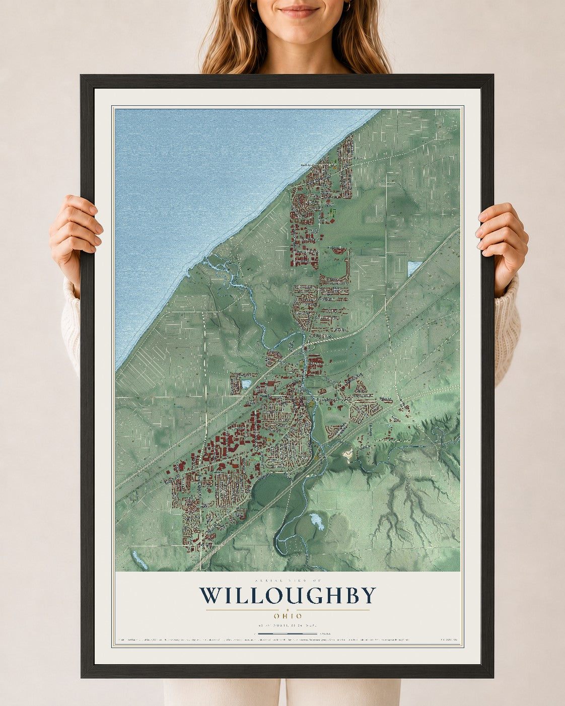 Map of Willoughby, Ohio, 24 x 36 inch print in a black wood frame