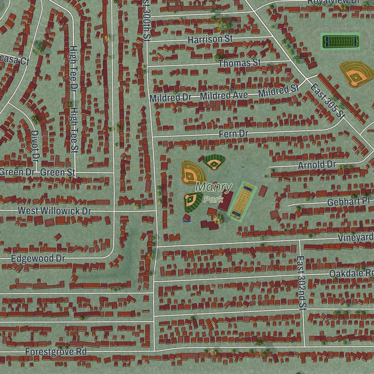 Close-up of the map of Willowick, Ohio print showing street and building detail