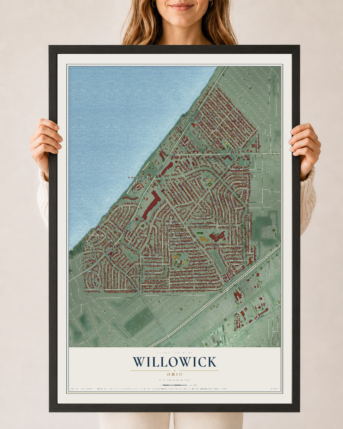 Map of Willowick, Ohio, 24 x 36 inch print in a black wood frame
