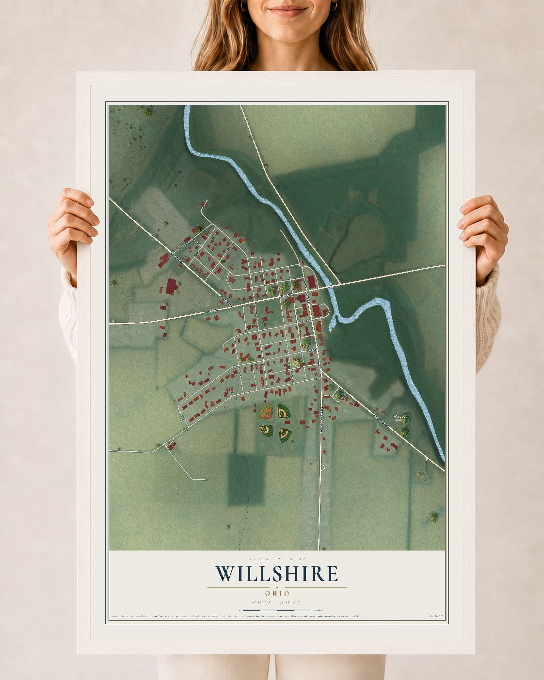 Map of Willshire, Ohio, 24 x 36 inch print in a white wood frame