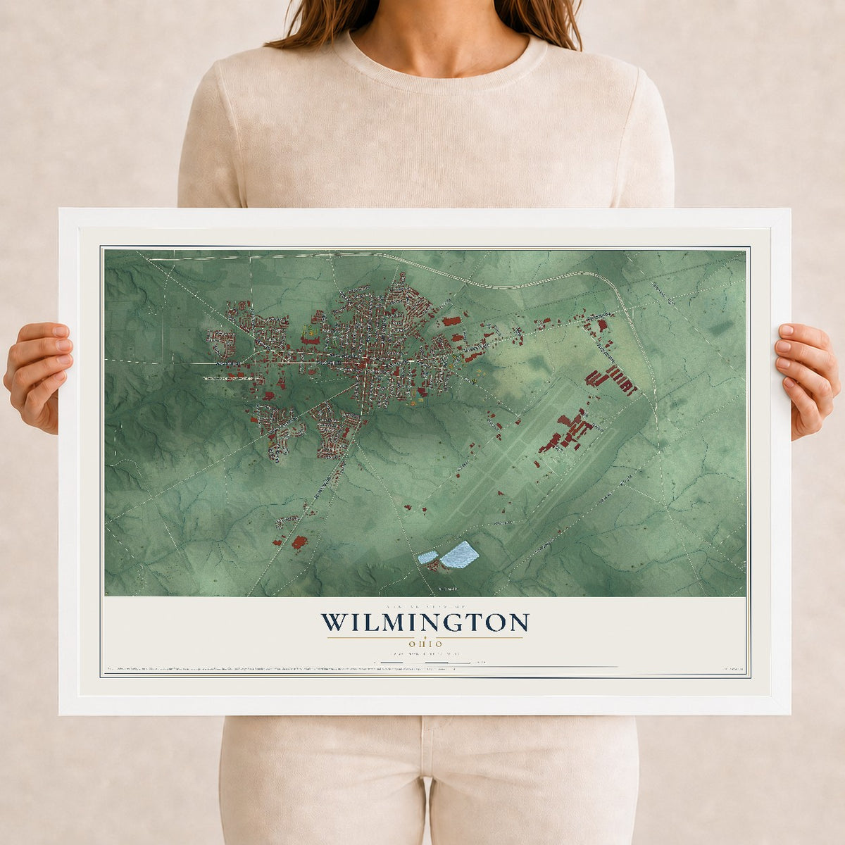 Map of Wilmington, Ohio, 12 x 18 inch print in a white wood frame