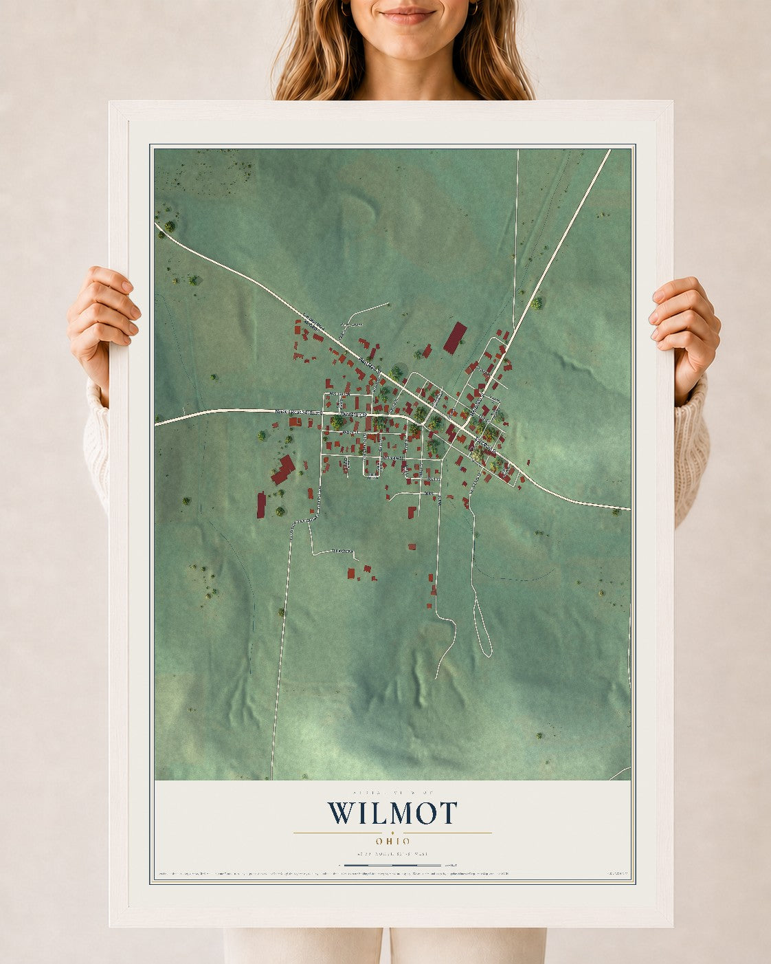Map of Wilmot, Ohio, 24 x 36 inch print in a white wood frame