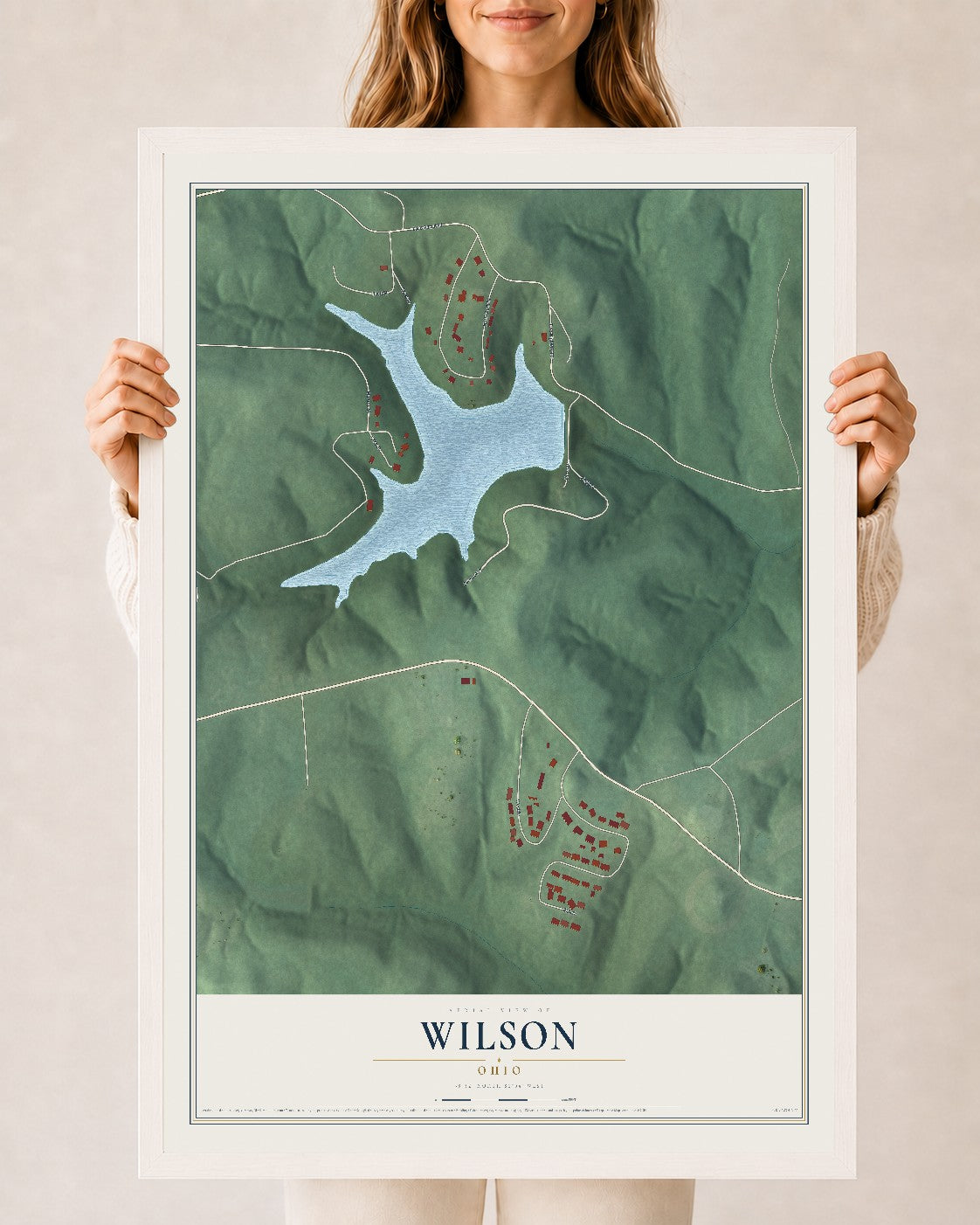 Map of Wilson, Ohio, 24 x 36 inch print in a white wood frame