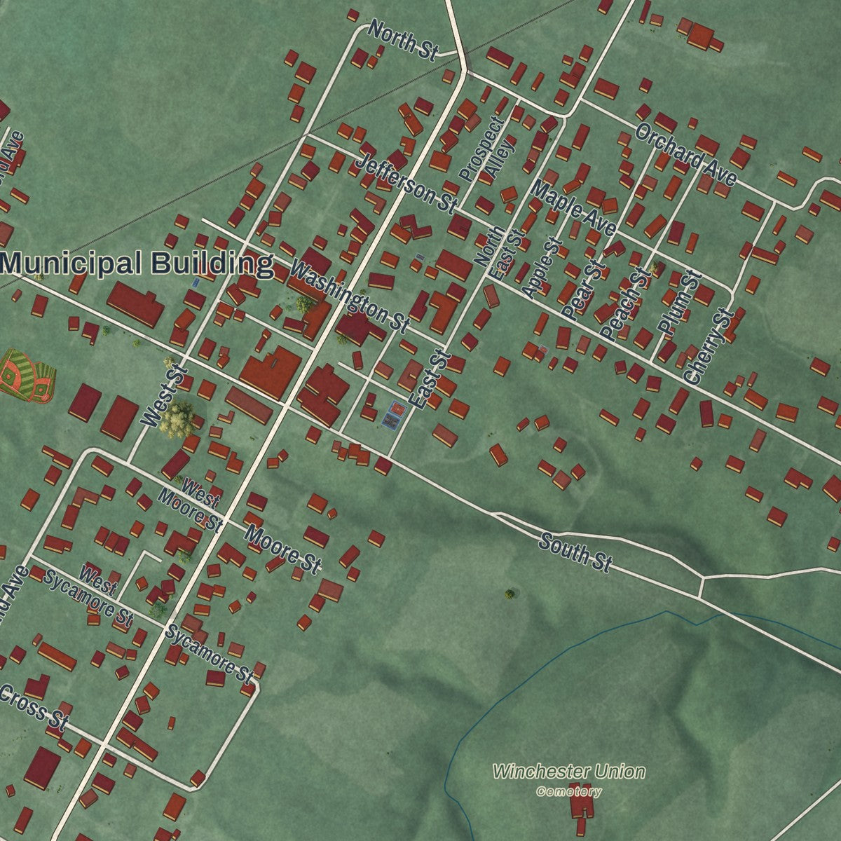Close-up of the map of Winchester, Ohio print showing street and building detail