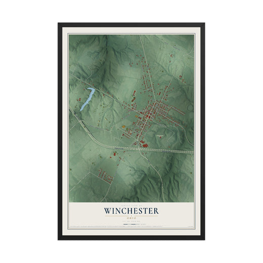Map of Winchester, Ohio, 12 x 18 inch print in a black wood frame