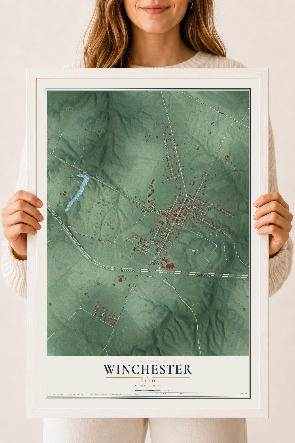 Map of Winchester, Ohio, 18 x 24 inch print in a white wood frame