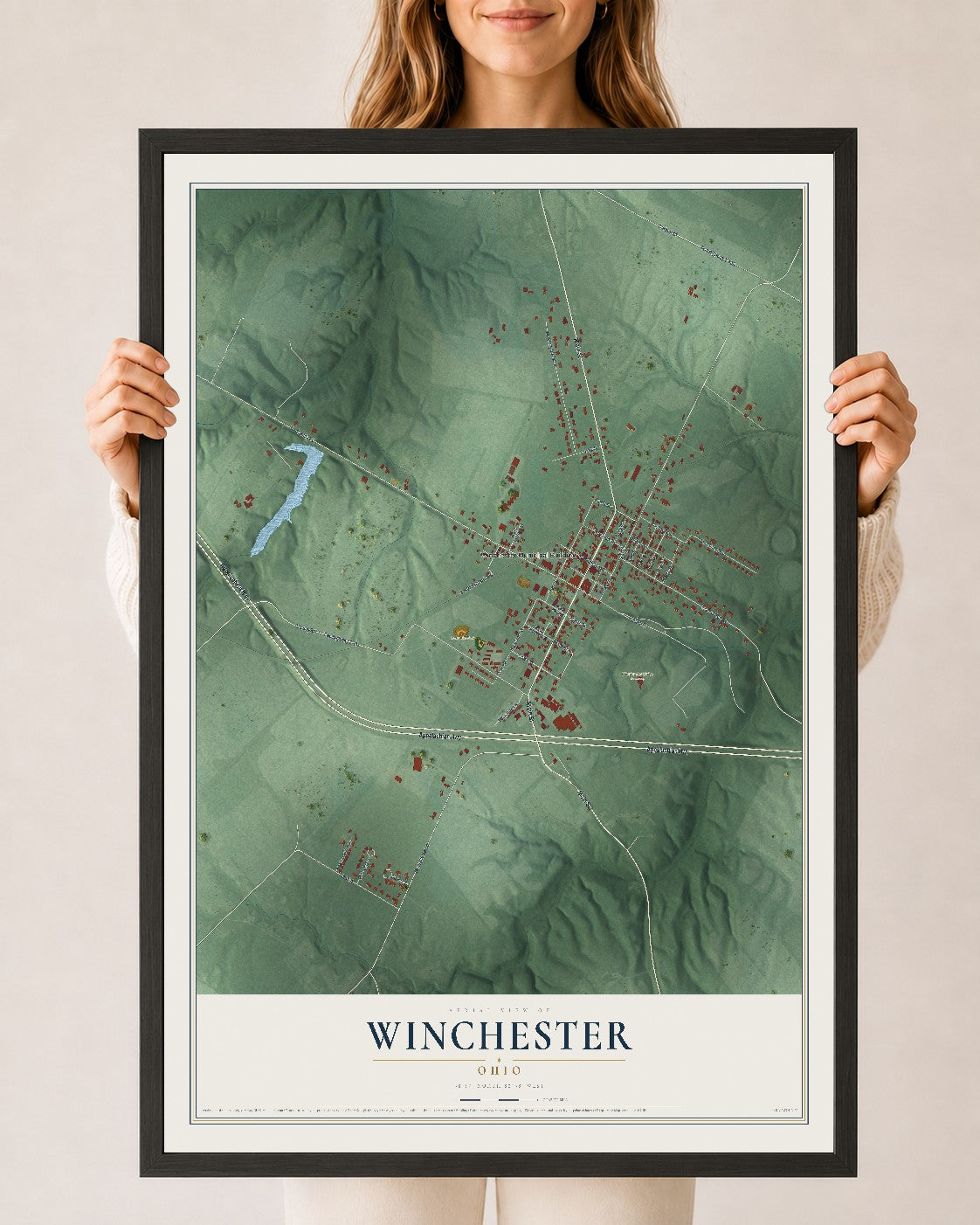 Map of Winchester, Ohio, 24 x 36 inch print in a black wood frame