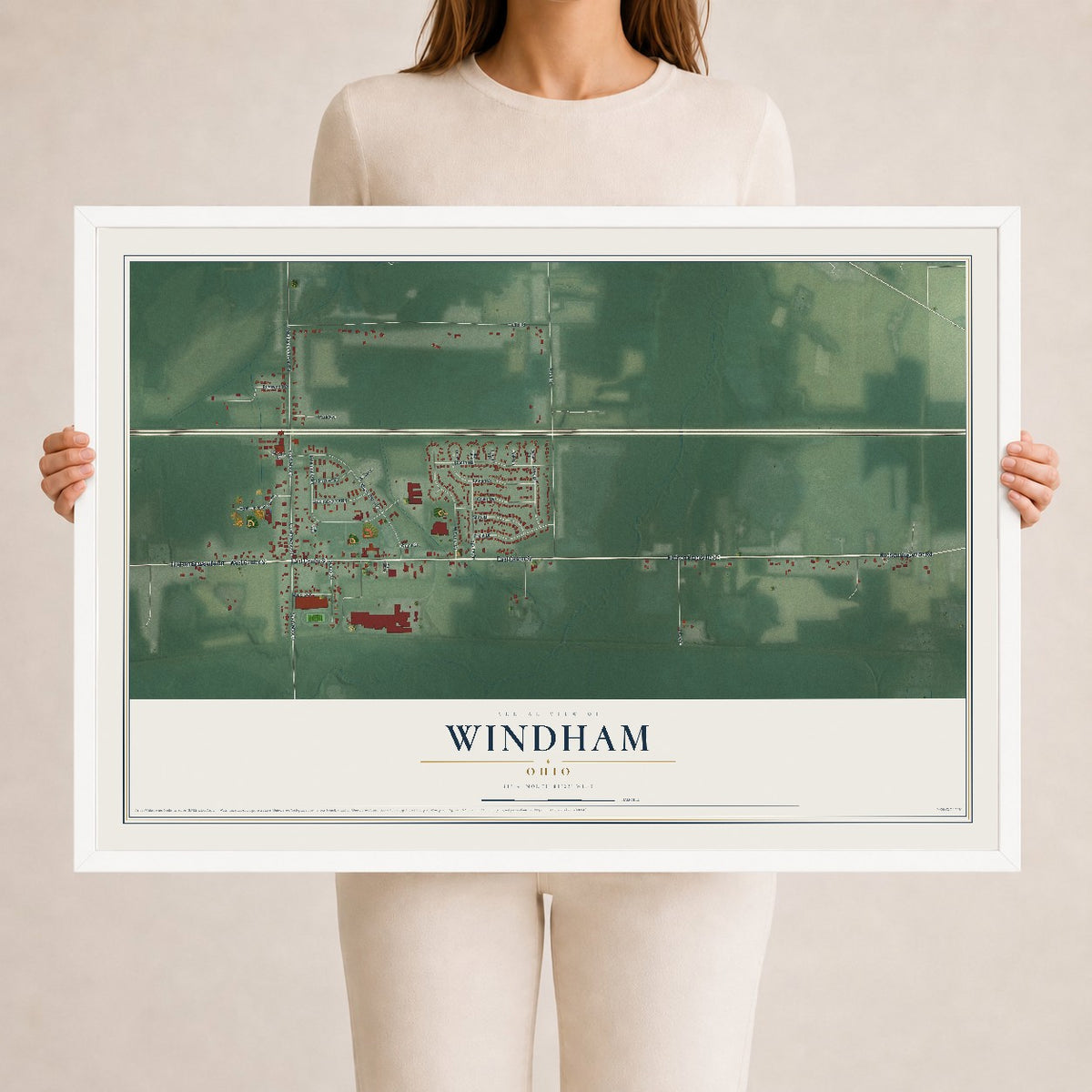 Map of Windham, Ohio, 24 x 36 inch print in a white wood frame