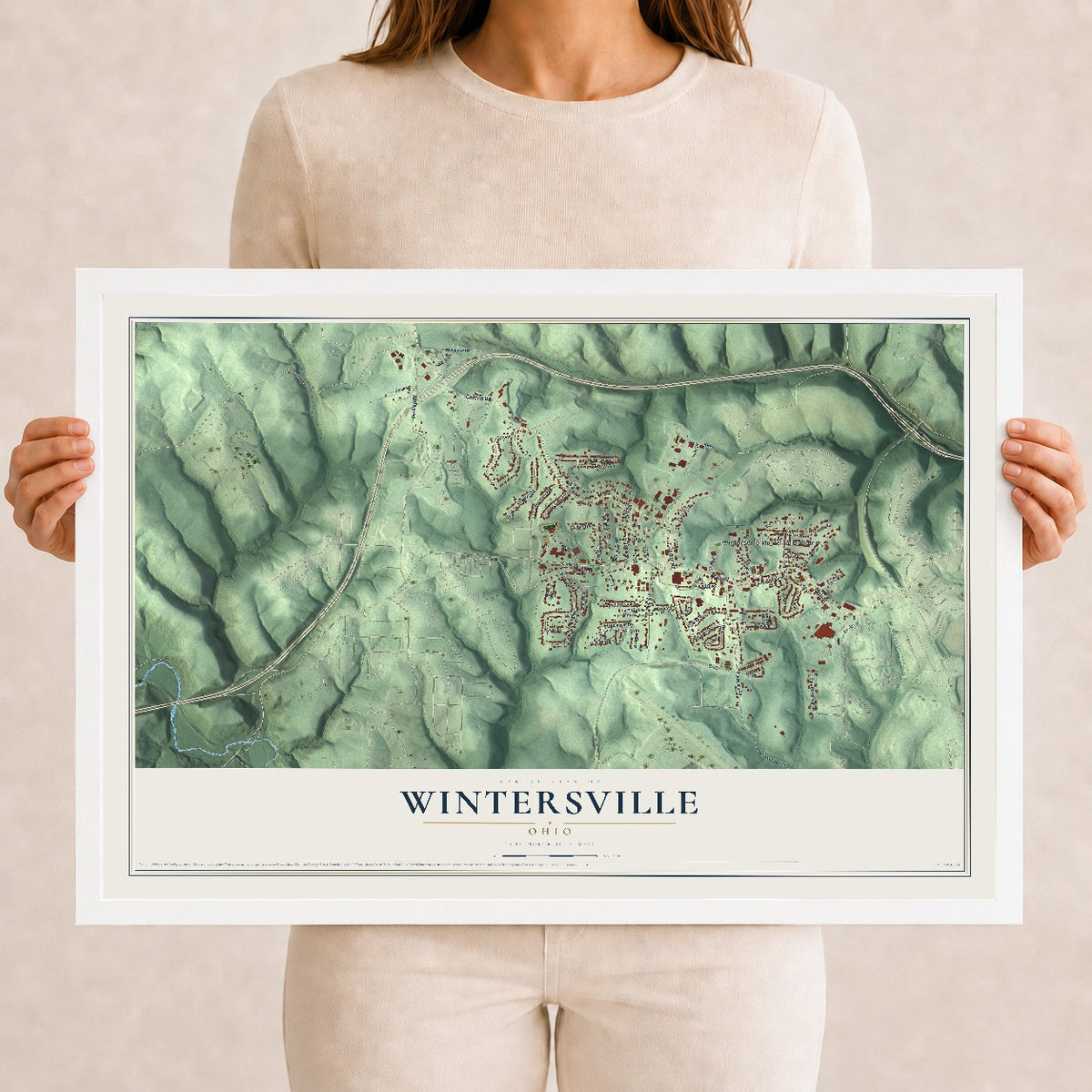 Map of Wintersville, Ohio, 12 x 18 inch print in a white wood frame