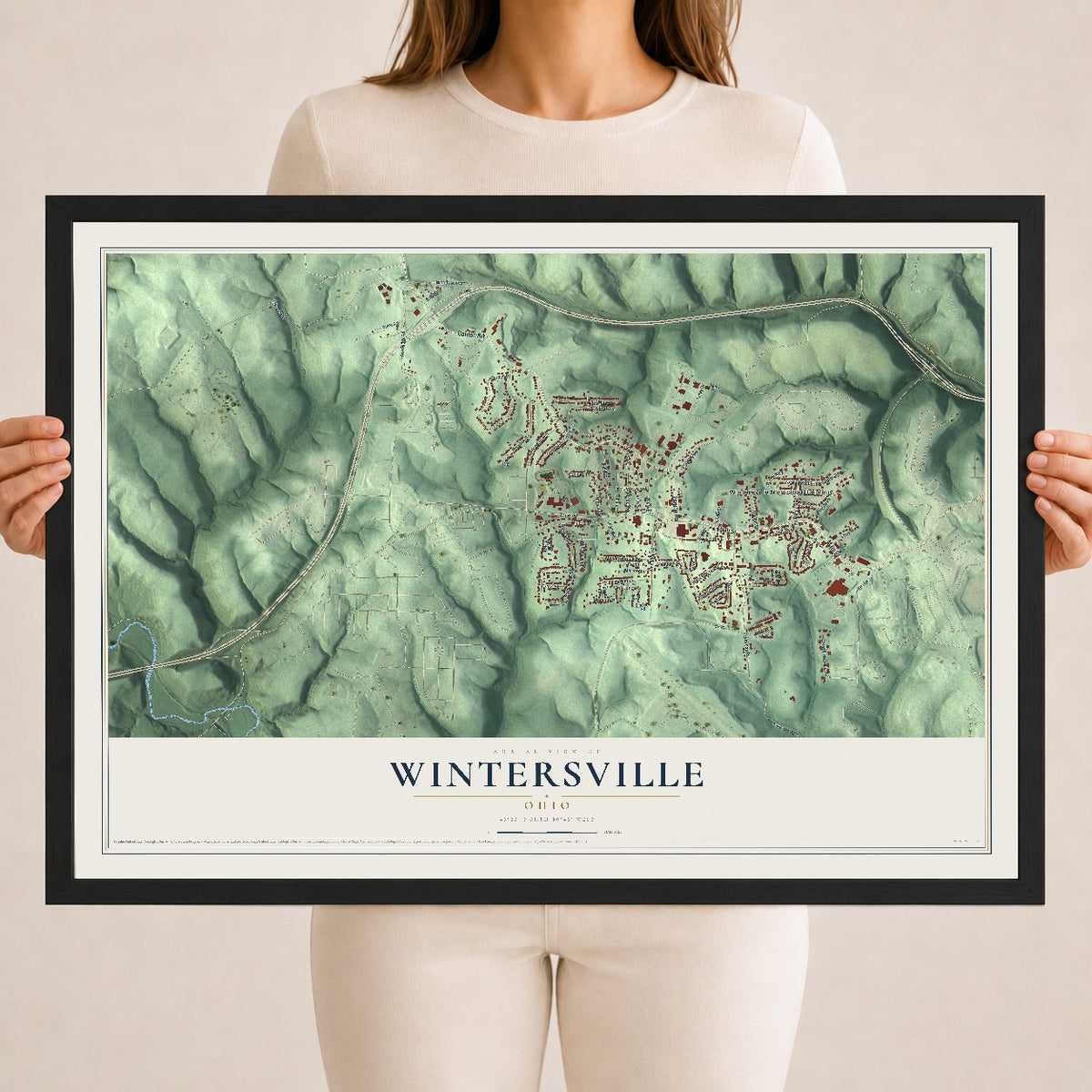 Map of Wintersville, Ohio, 18 x 24 inch print in a black wood frame