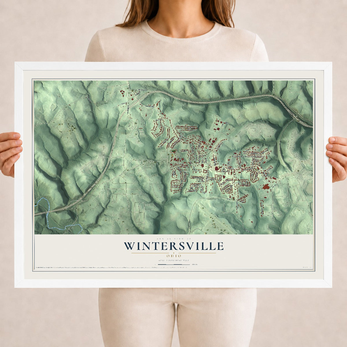Map of Wintersville, Ohio, 18 x 24 inch print in a white wood frame
