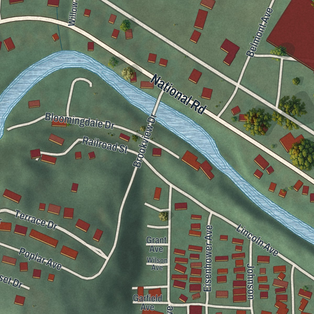 Close-up of the map of Wolfhurst, Ohio print showing street and building detail