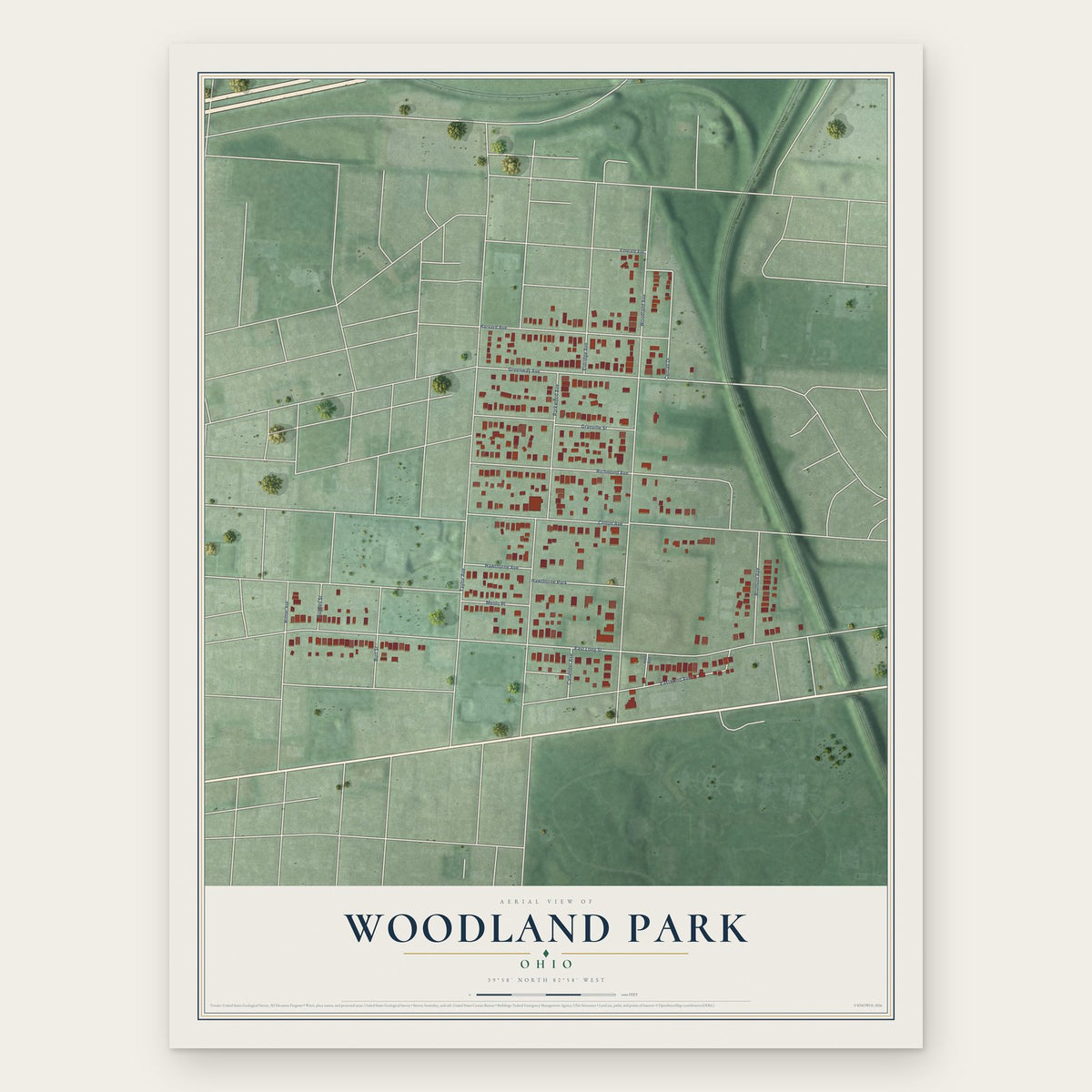 Woodland Park, Ohio map print, the full design
