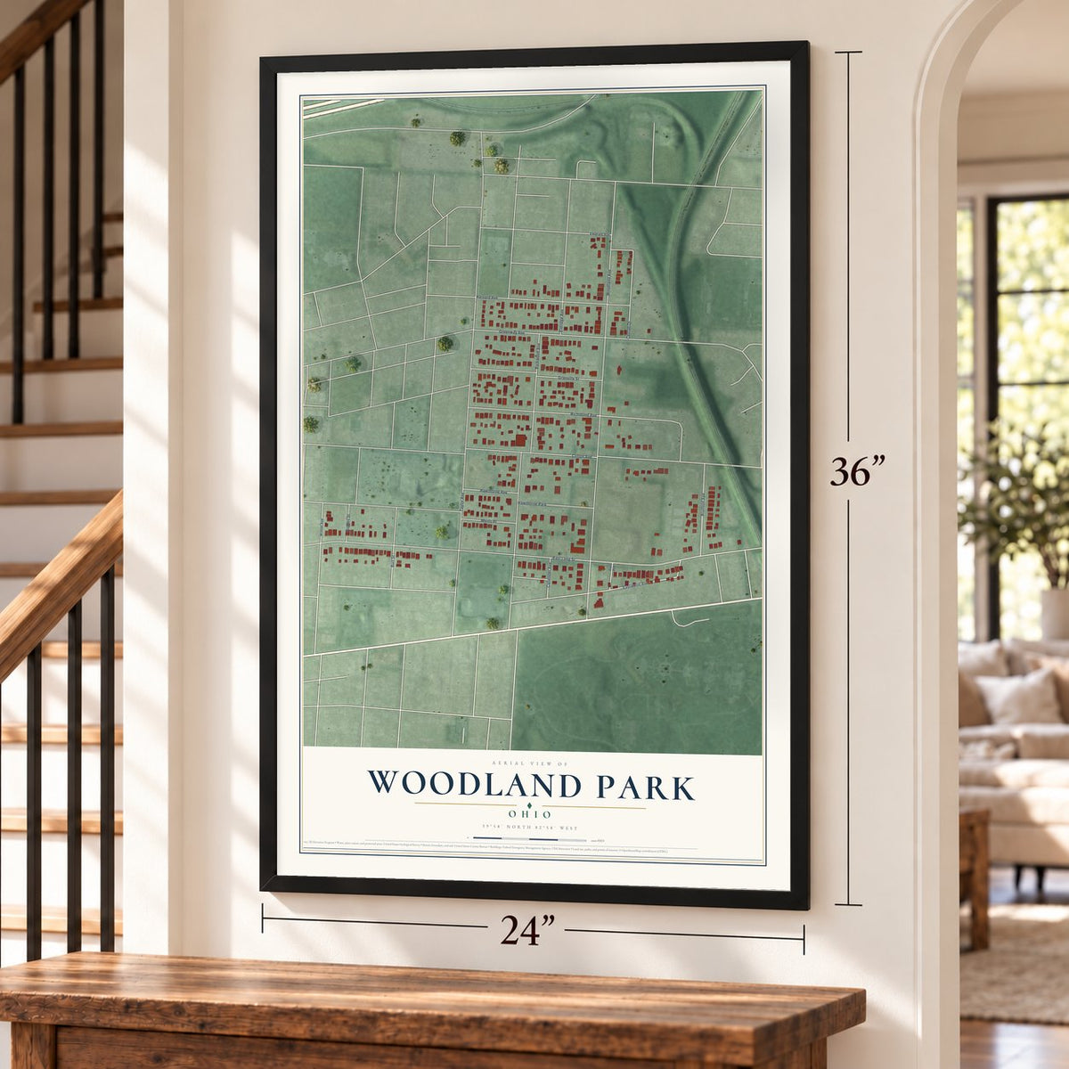 Woodland Park, Ohio map, 24 x 36 inch print in a black frame by a staircase