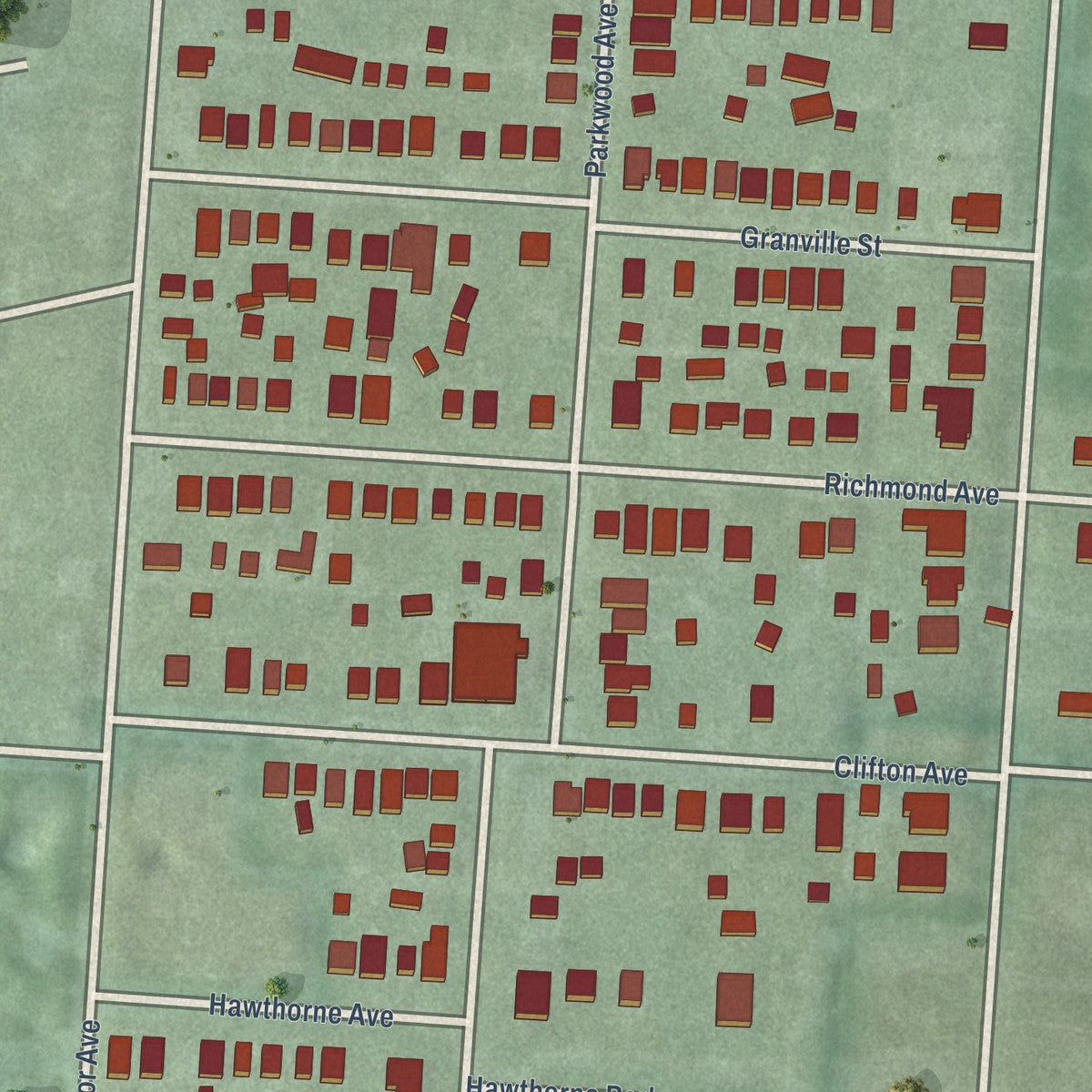 Close-up of the map of Woodland Park, Ohio print showing street and building detail