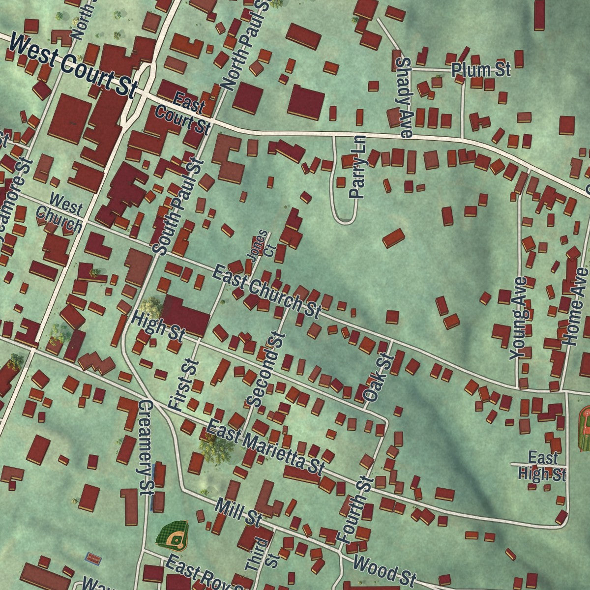 Close-up of the map of Woodsfield, Ohio print showing street and building detail