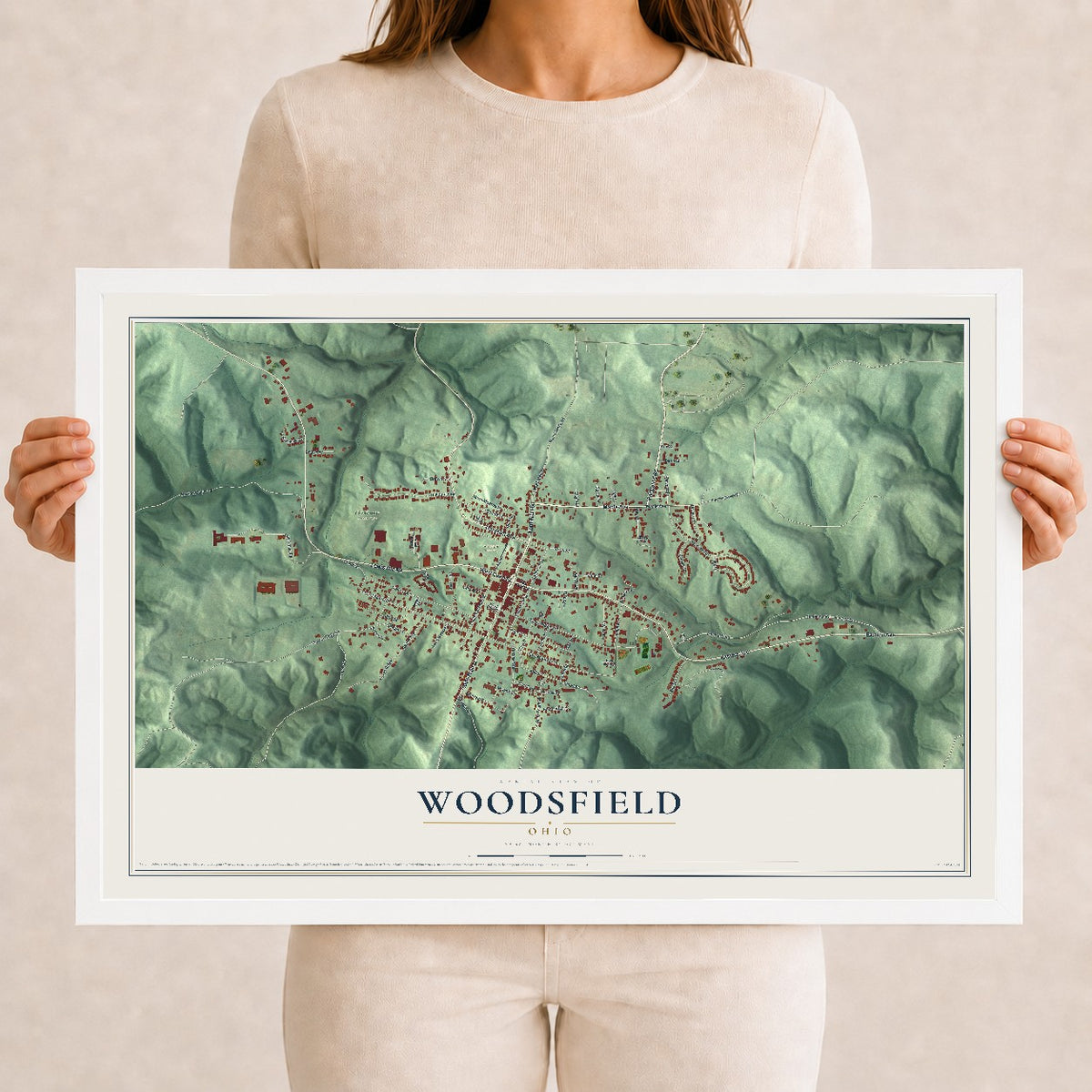 Map of Woodsfield, Ohio, 12 x 18 inch print in a white wood frame