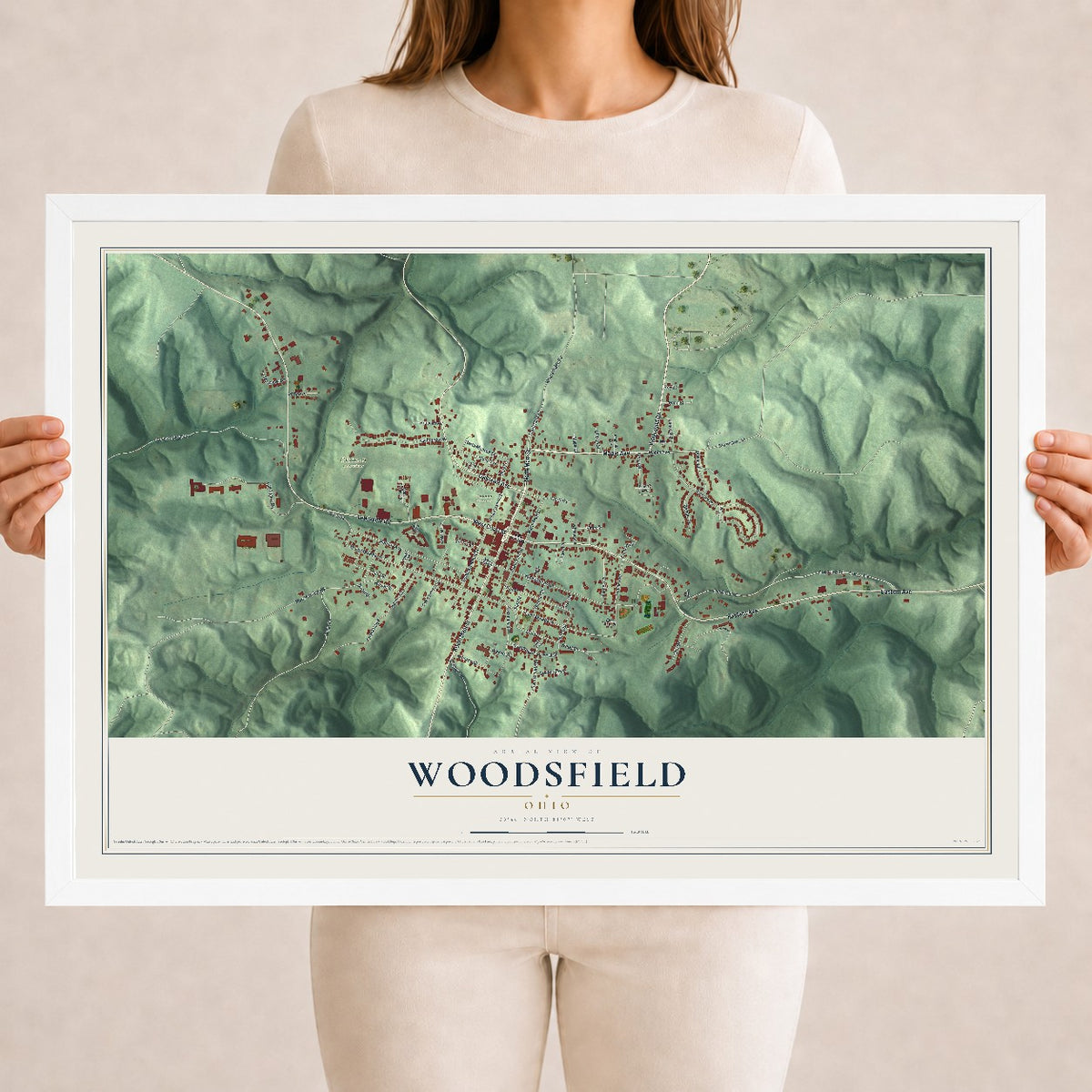 Map of Woodsfield, Ohio, 18 x 24 inch print in a white wood frame