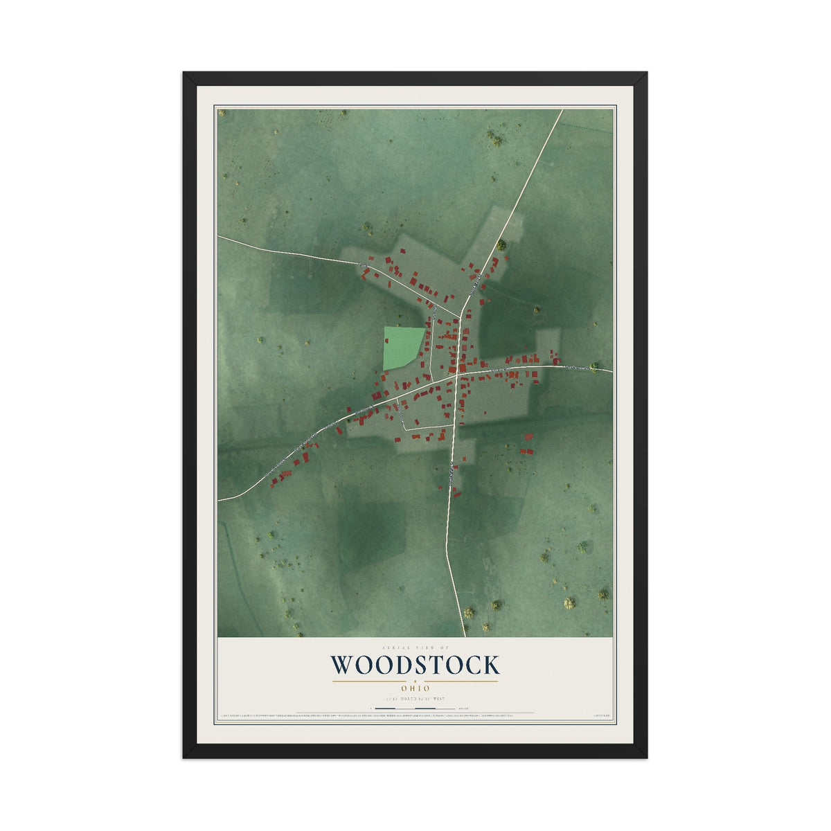 Map of Woodstock, Ohio, 12 x 18 inch print in a black wood frame