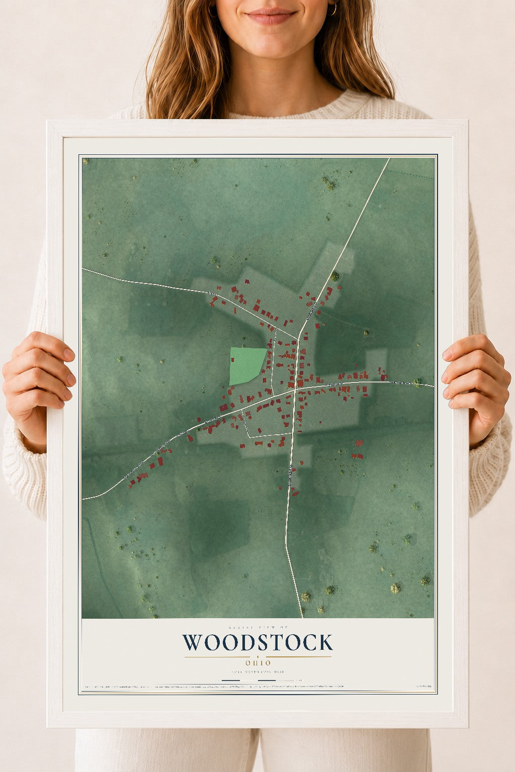 Map of Woodstock, Ohio, 18 x 24 inch print in a white wood frame
