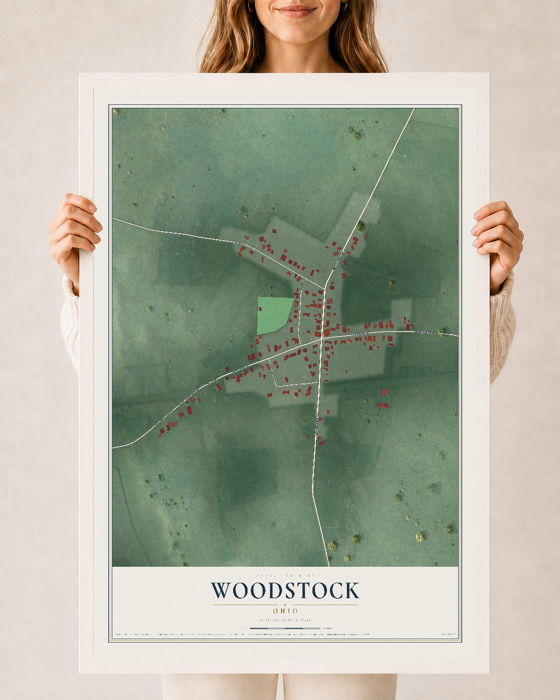 Map of Woodstock, Ohio, 24 x 36 inch print in a white wood frame