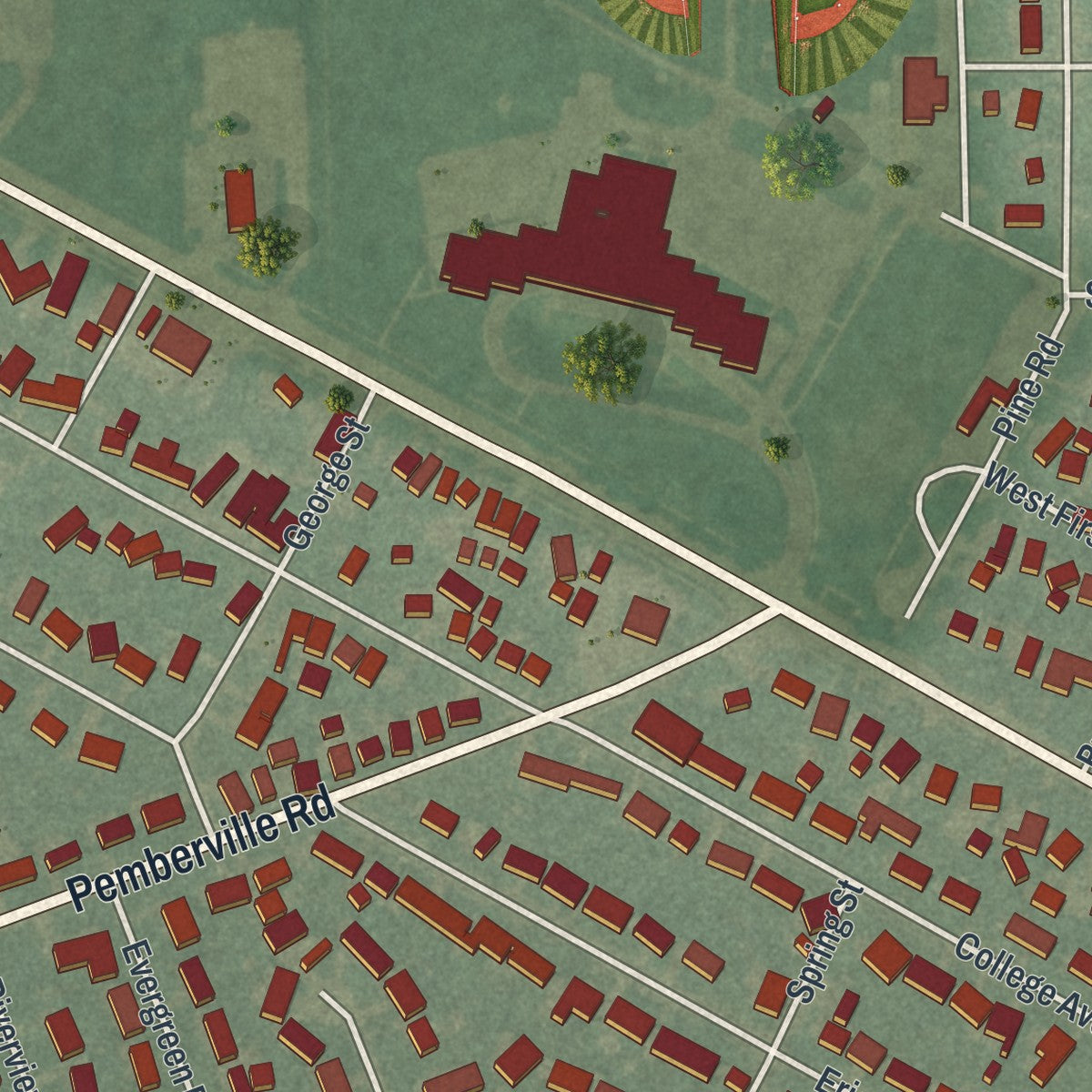 Second close-up of the map of Woodville, Ohio print showing more streets and buildings