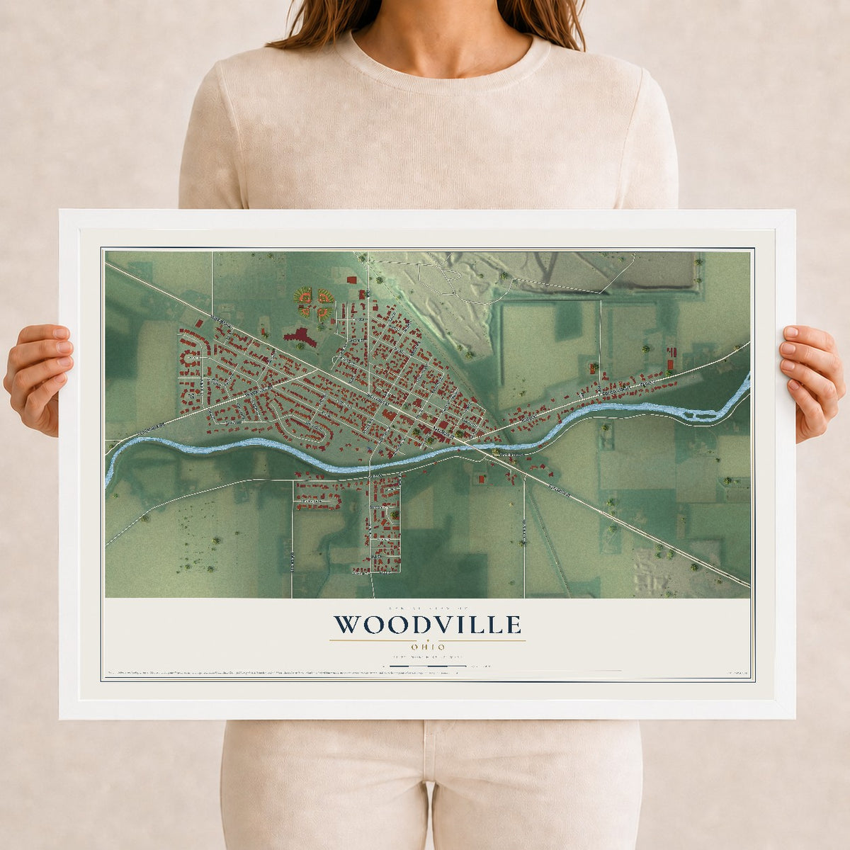 Map of Woodville, Ohio, 12 x 18 inch print in a white wood frame