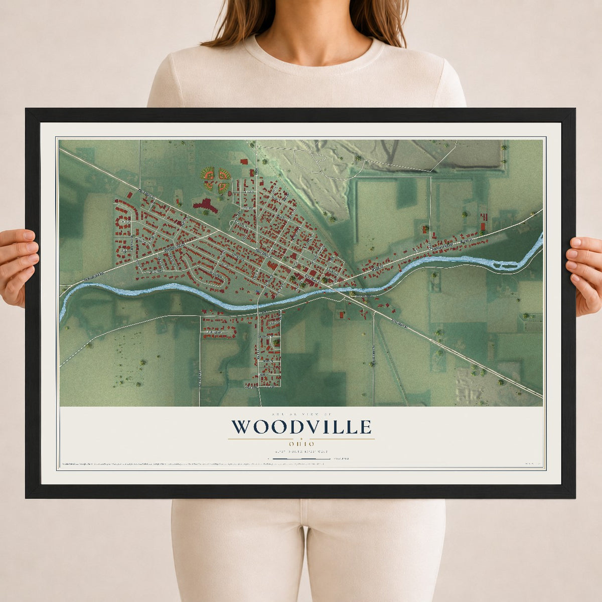 Map of Woodville, Ohio, 18 x 24 inch print in a black wood frame