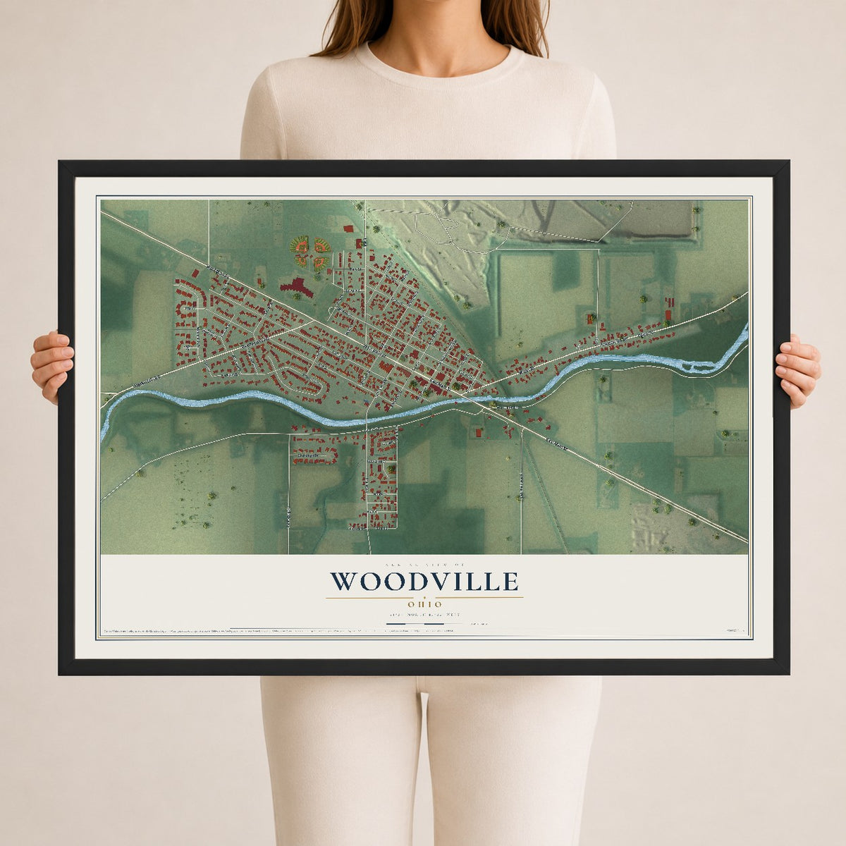 Map of Woodville, Ohio, 24 x 36 inch print in a black wood frame