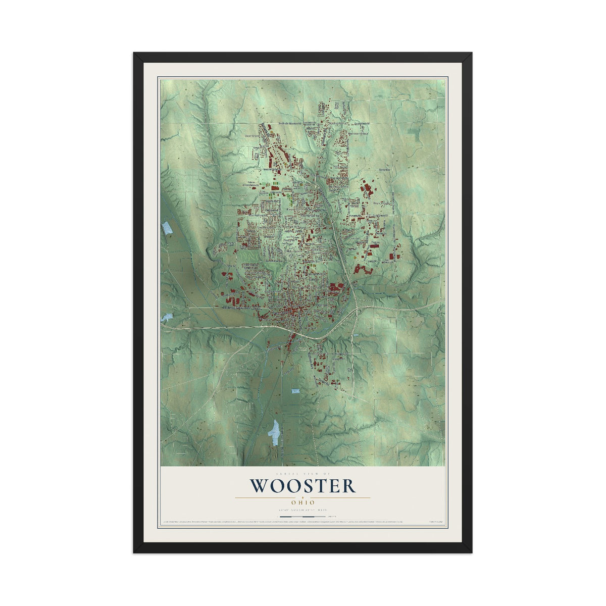 Map of Wooster, Ohio, 12 x 18 inch print in a black wood frame