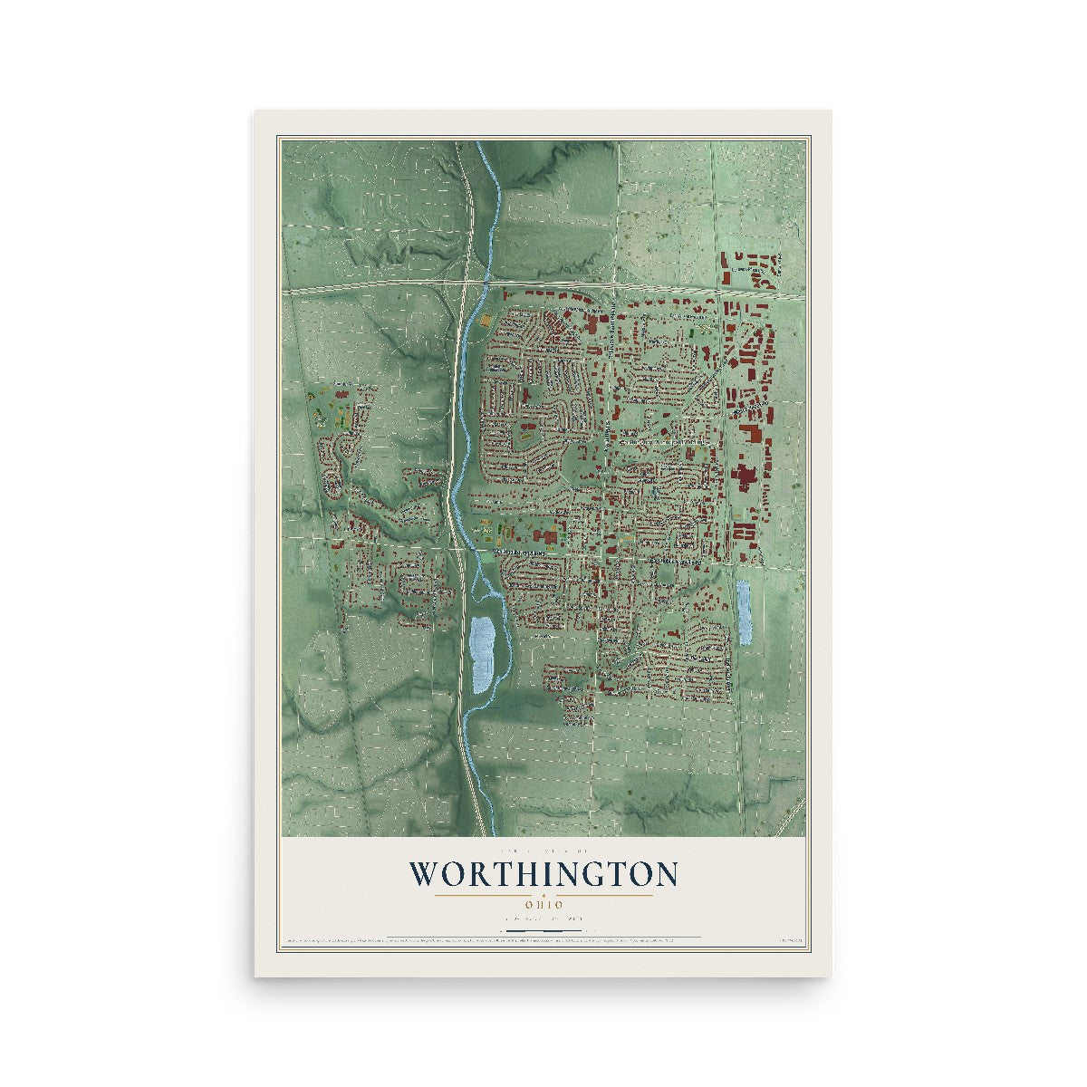 Map of Worthington, Ohio, 12 x 18 inch unframed archival matte print