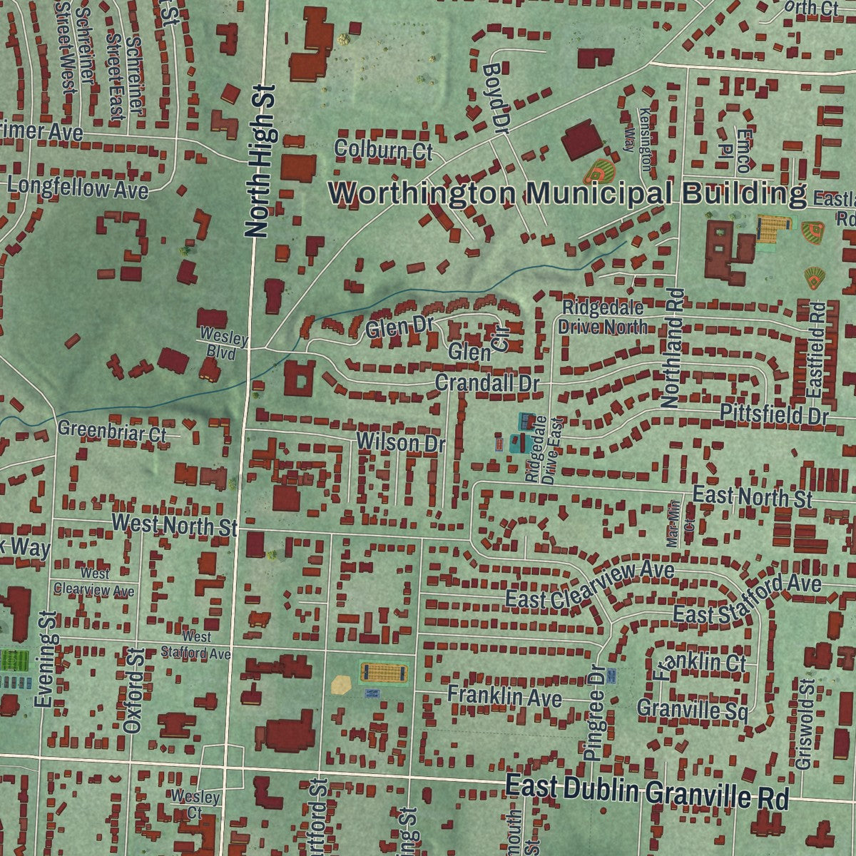 Close-up of the map of Worthington, Ohio print showing street and building detail