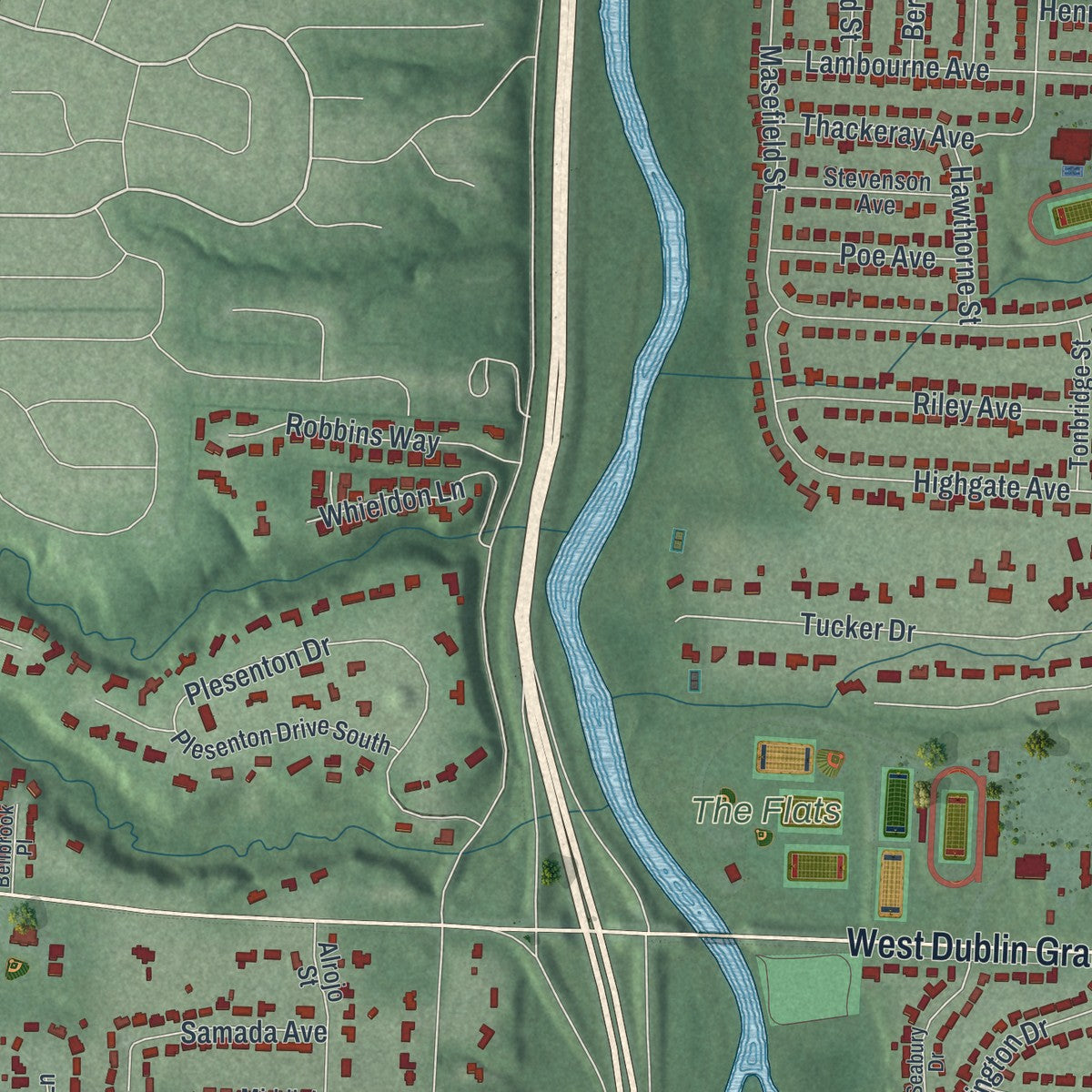 Second close-up of the map of Worthington, Ohio print showing more streets and buildings