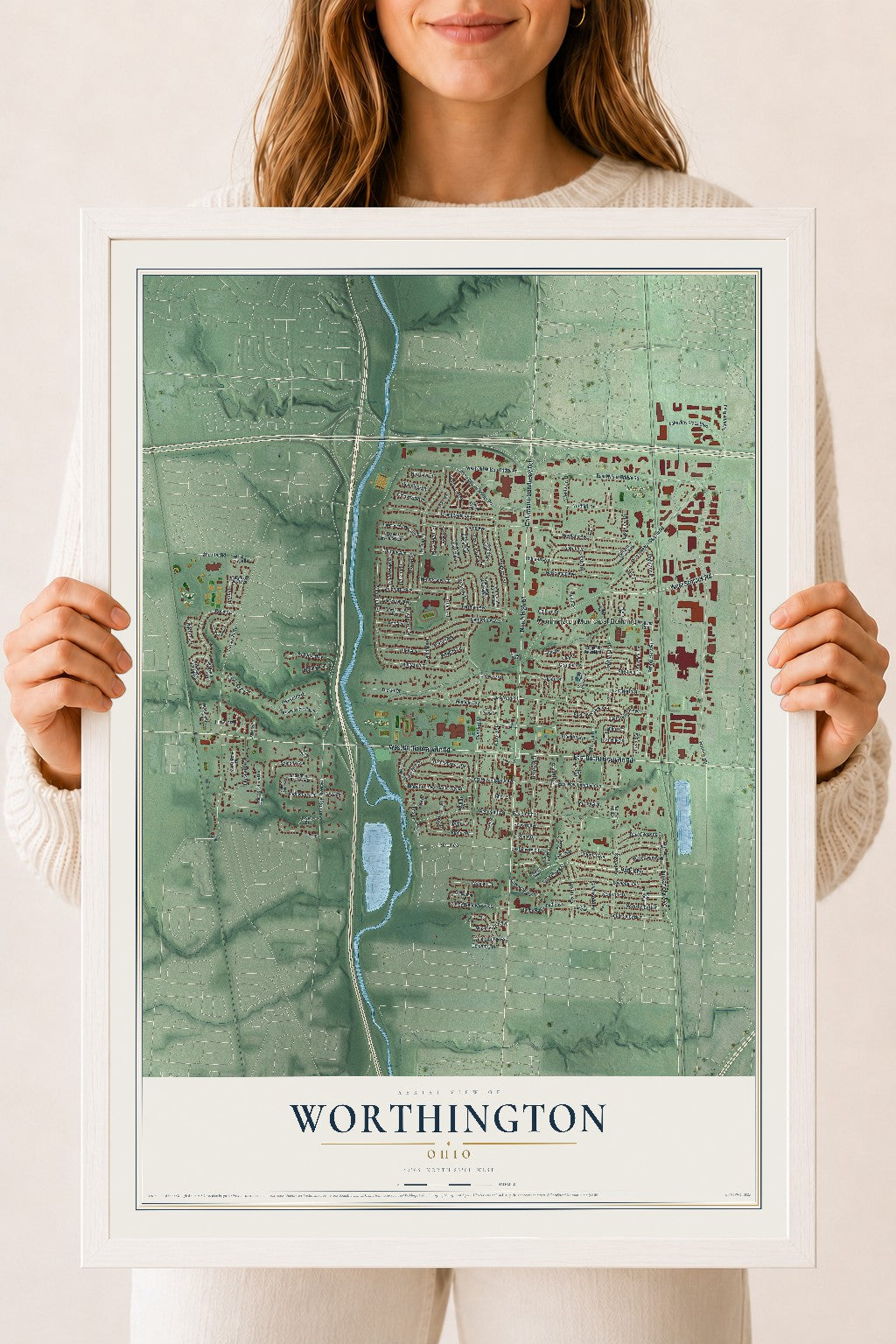 Map of Worthington, Ohio, 18 x 24 inch print in a white wood frame