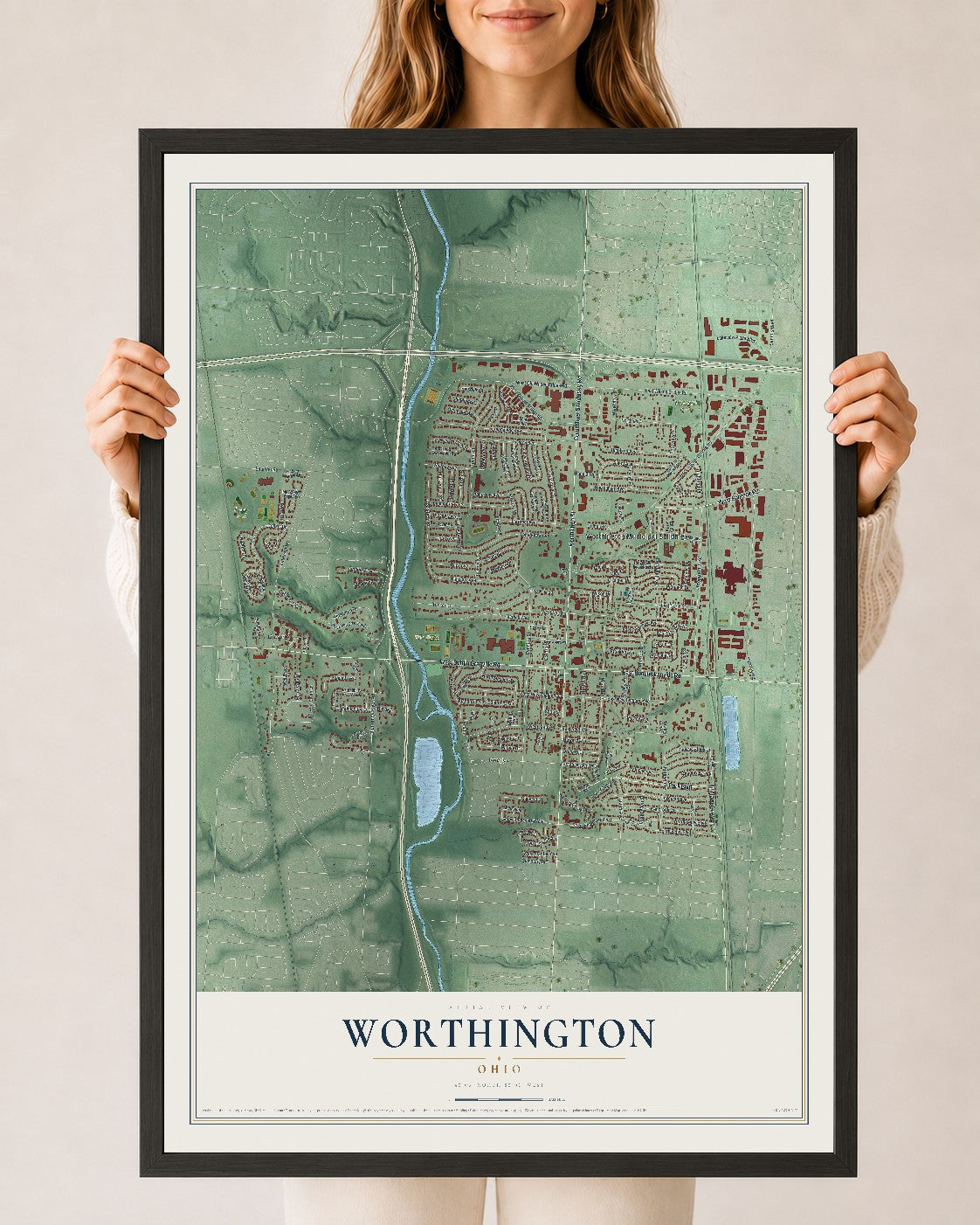 Map of Worthington, Ohio, 24 x 36 inch print in a black wood frame