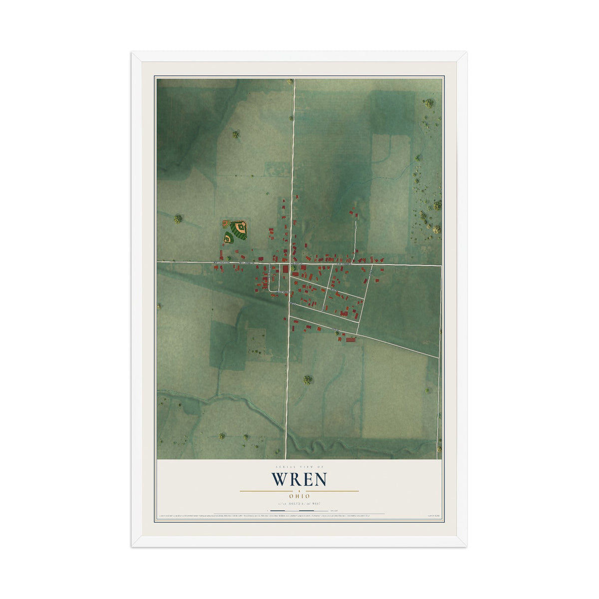 Map of Wren, Ohio, 12 x 18 inch print in a white wood frame