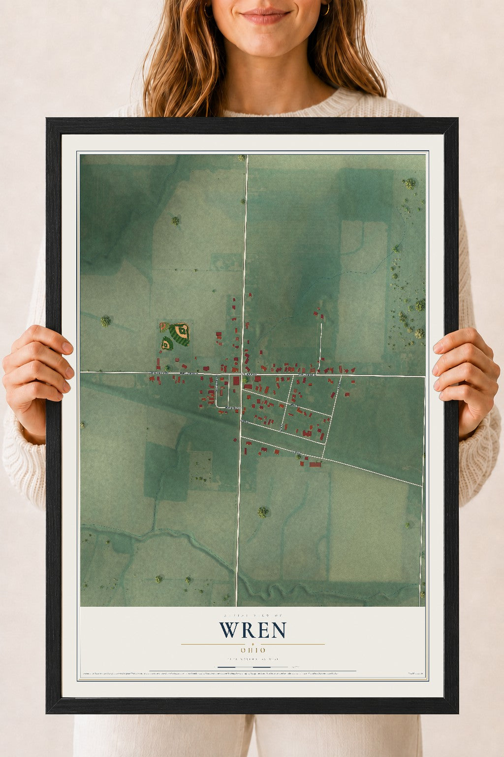 Map of Wren, Ohio, 18 x 24 inch print in a black wood frame
