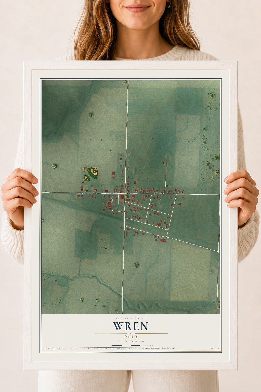 Map of Wren, Ohio, 18 x 24 inch print in a white wood frame