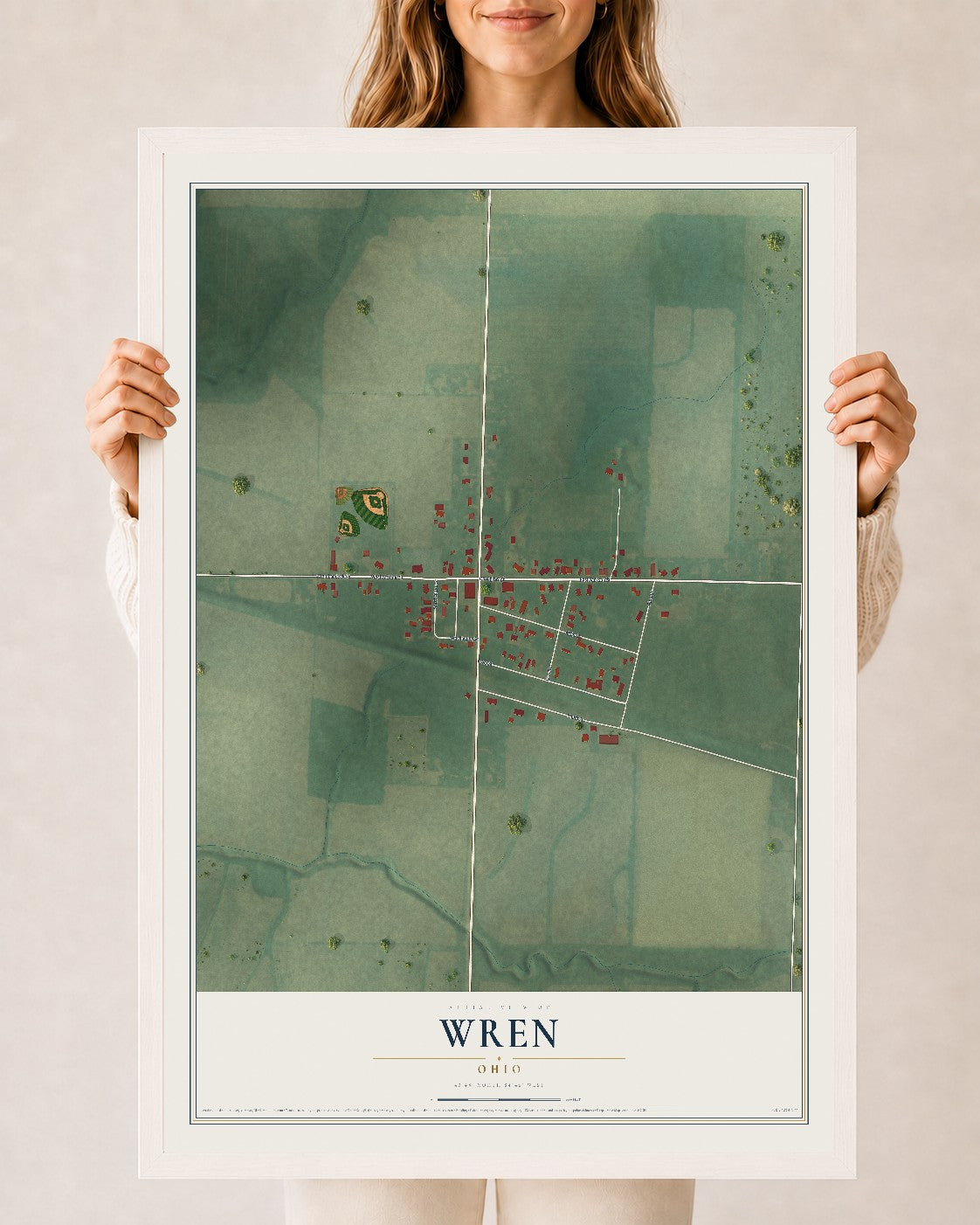 Map of Wren, Ohio, 24 x 36 inch print in a white wood frame