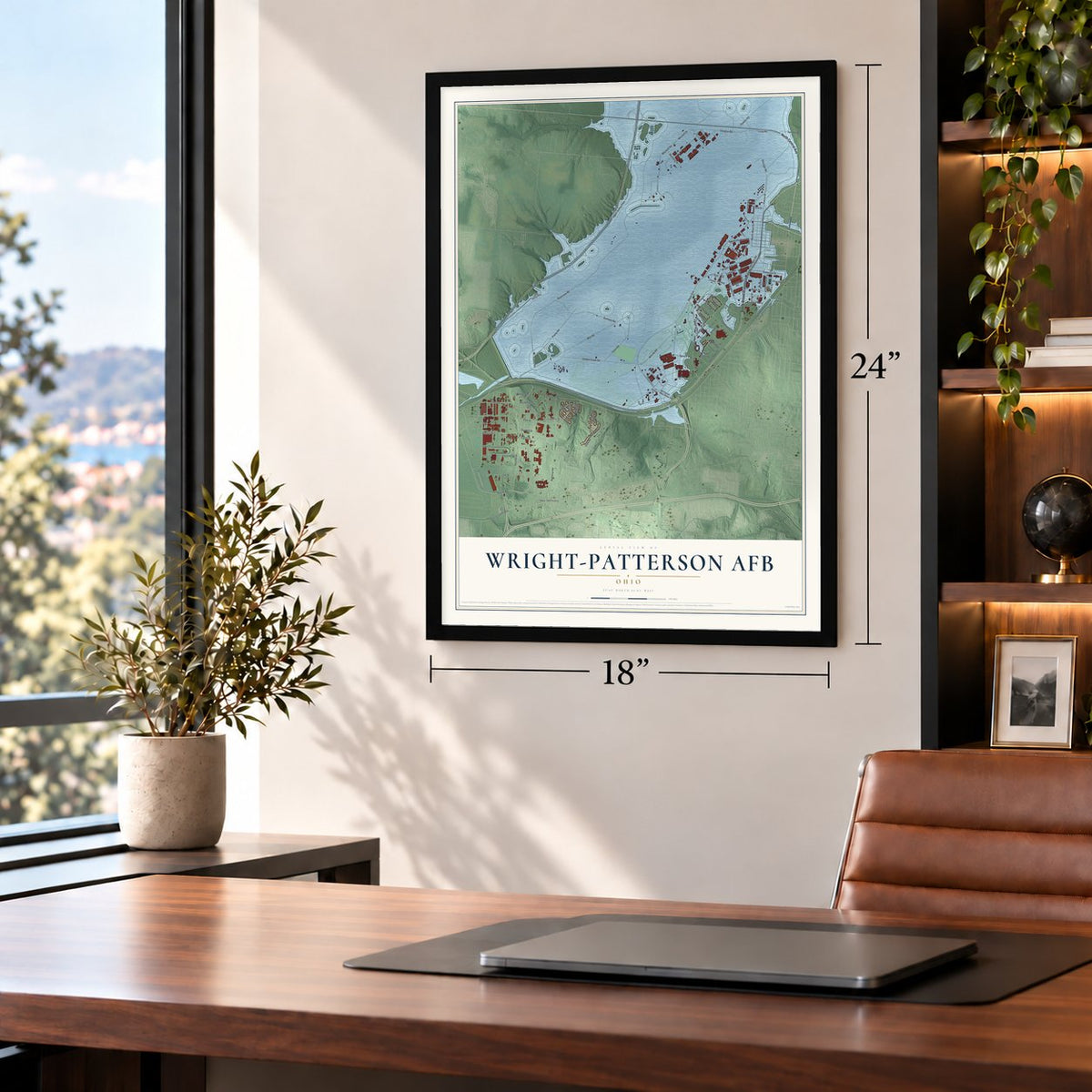 Wright-Patterson AFB, Ohio map, 18 x 24 inch print in a black frame in a home office
