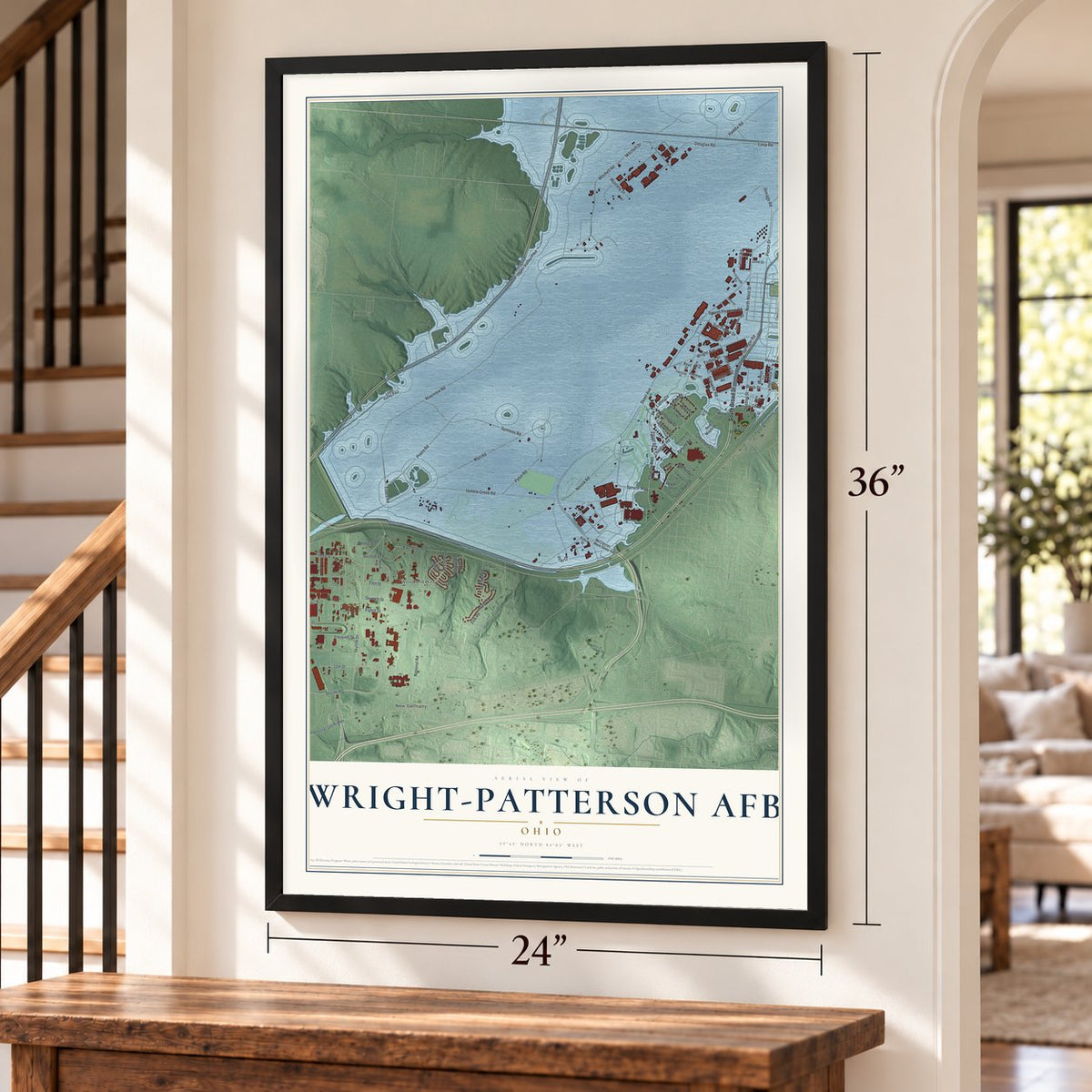 Wright-Patterson AFB, Ohio map, 24 x 36 inch print in a black frame by a staircase
