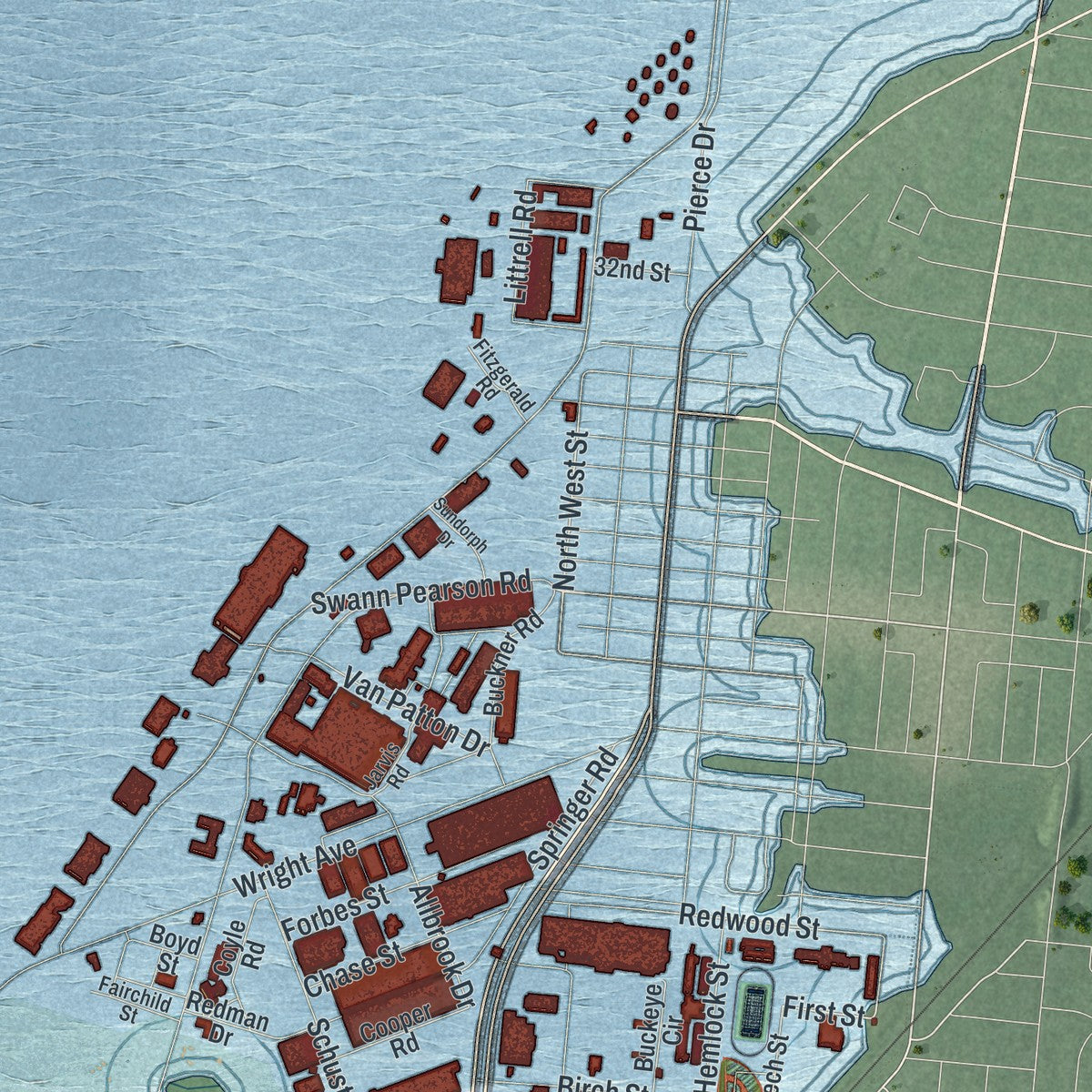 Close-up of the map of Wright-Patterson AFB, Ohio print showing street and building detail