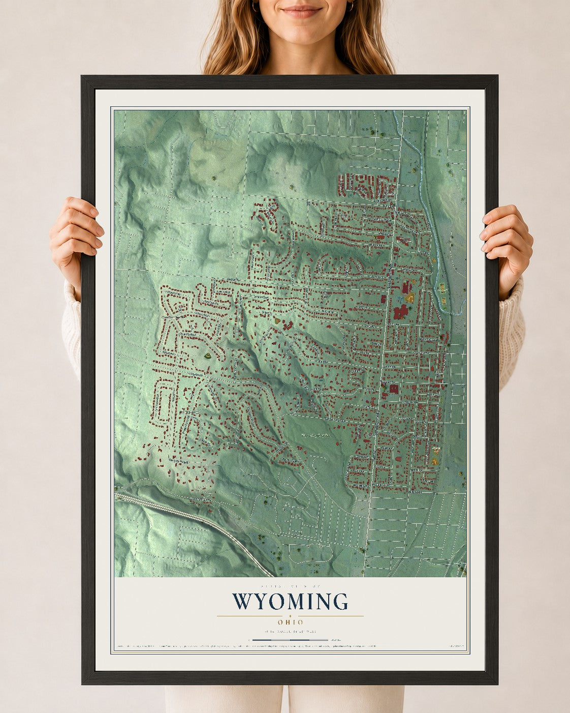 Map of Wyoming, Ohio, 24 x 36 inch print in a black wood frame