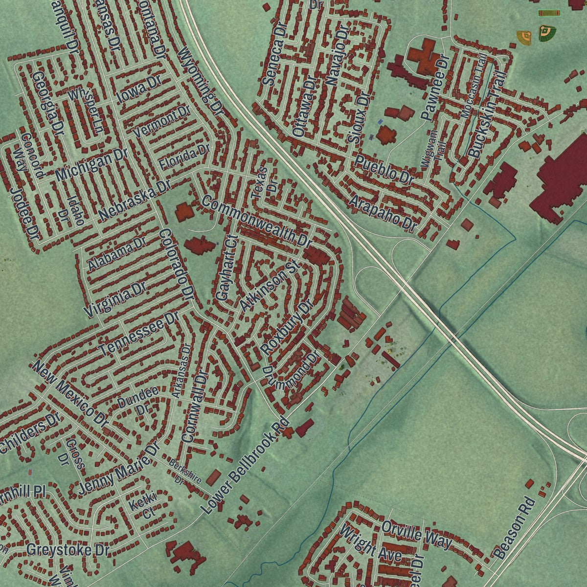 Close-up of the map of Xenia, Ohio print showing street and building detail