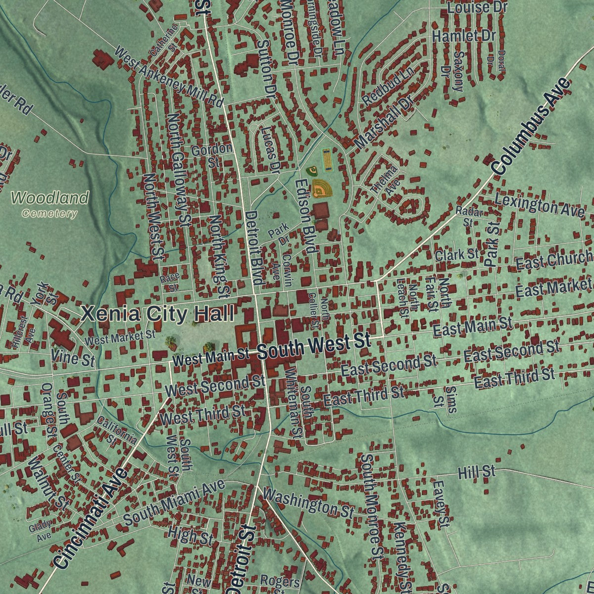 Second close-up of the map of Xenia, Ohio print showing more streets and buildings