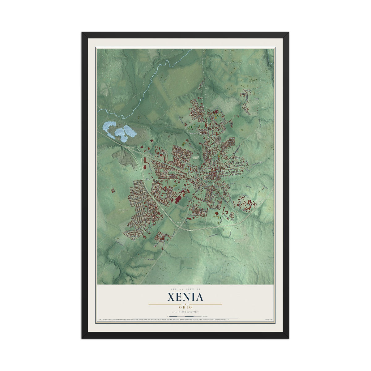 Map of Xenia, Ohio, 12 x 18 inch print in a black wood frame