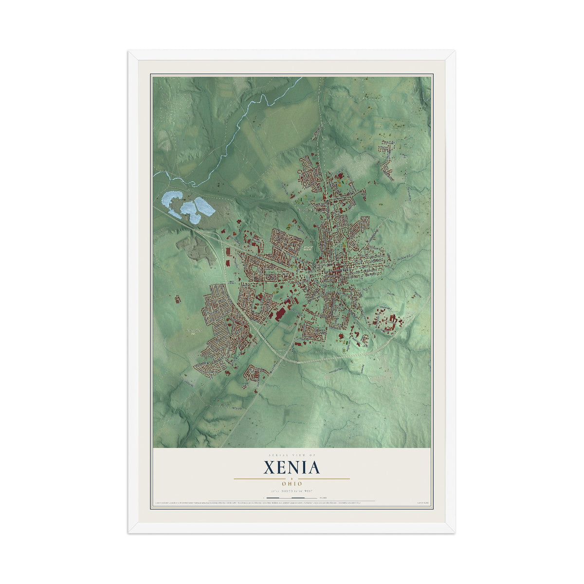 Map of Xenia, Ohio, 12 x 18 inch print in a white wood frame