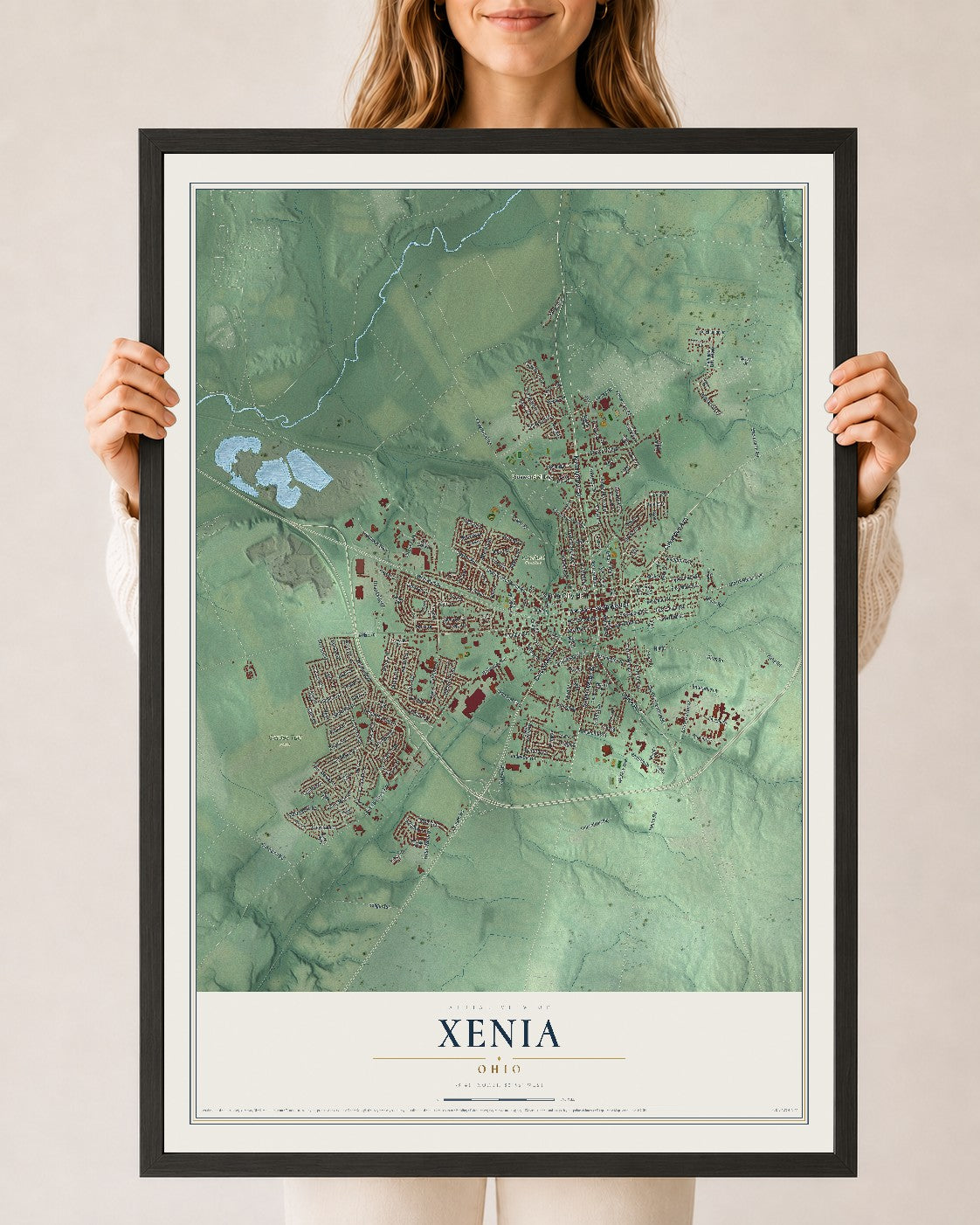 Map of Xenia, Ohio, 24 x 36 inch print in a black wood frame