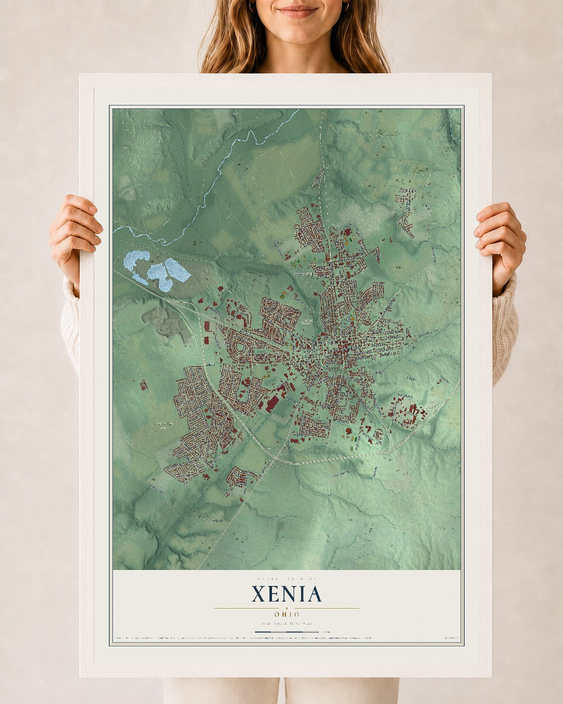 Map of Xenia, Ohio, 24 x 36 inch print in a white wood frame