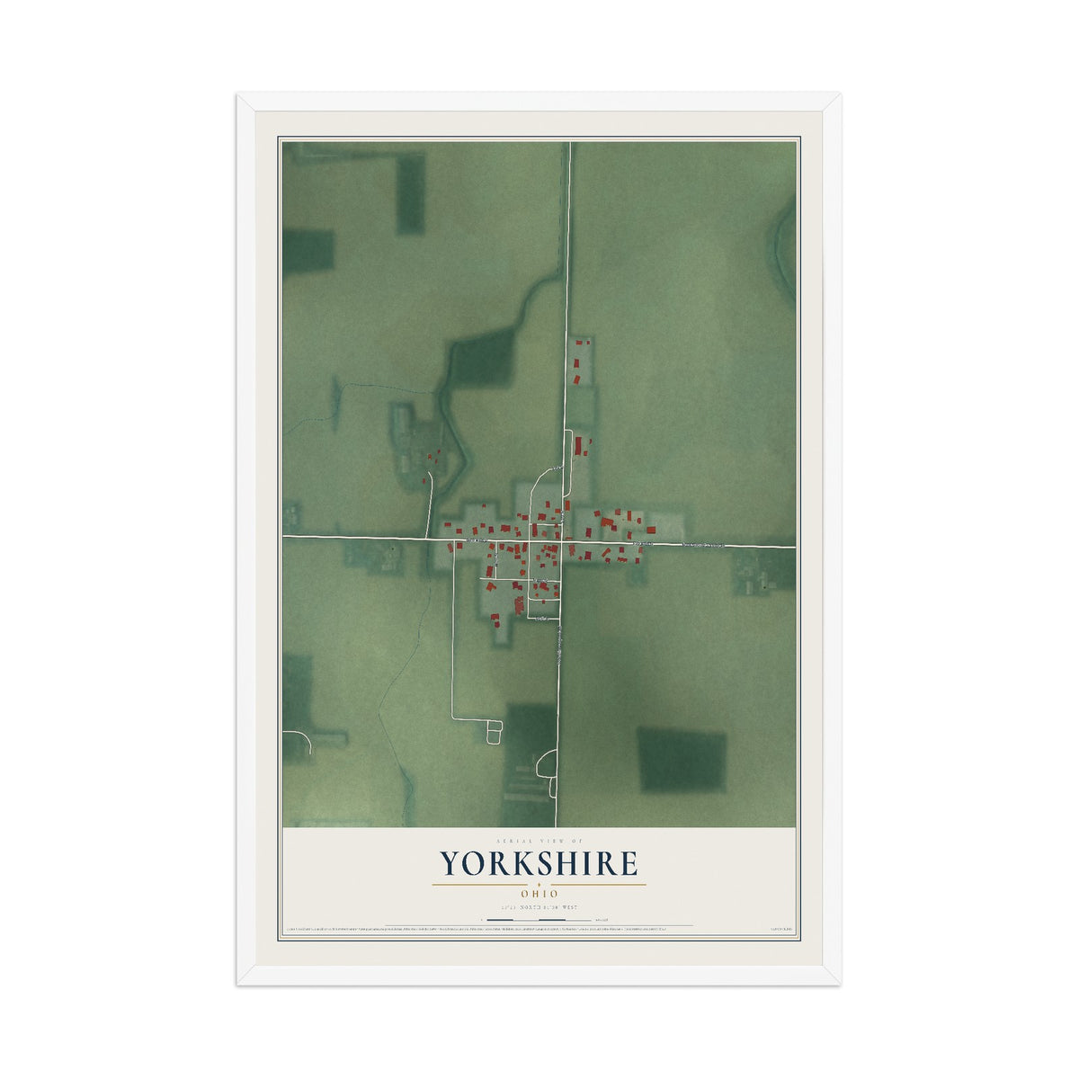 Map of Yorkshire, Ohio, 12 x 18 inch print in a white wood frame